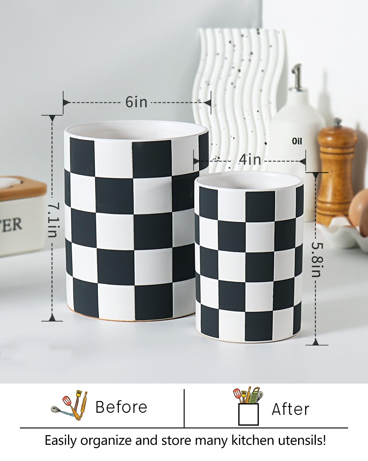 Black Checkered Ceramic Utensil Holder - 7.1