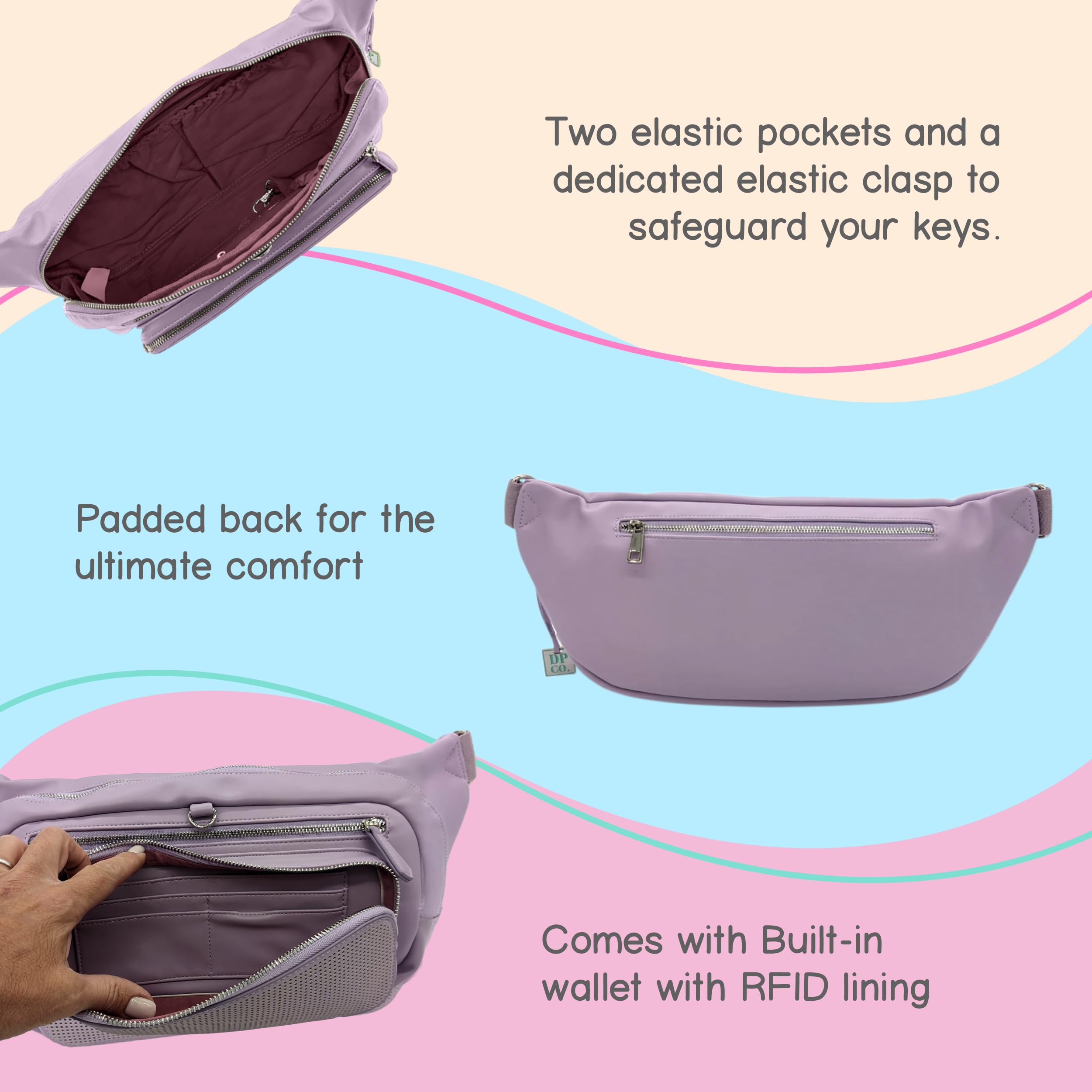 Designer Park Company - Women's Leather Crossbody Bag with Adjustable Strap & Locking Pins, Single Rider Belt Bag/Fanny Pack/Sling Bag for Theme Parks, Travel & Daily Use - Lilac Haze | Perfect for Amusement Parks, Concerts, Shopping & Outdoor Adventures