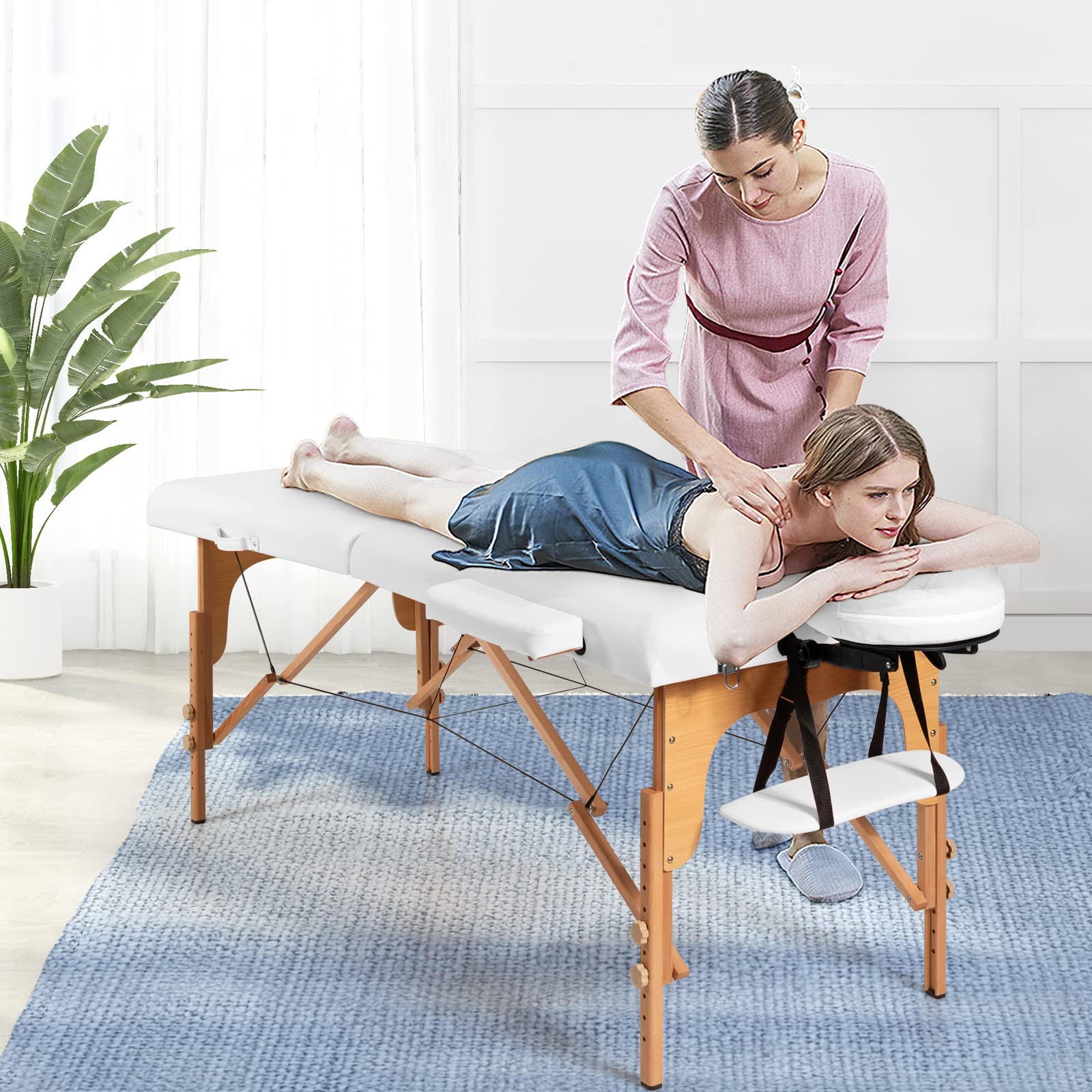 COSTWAY Portable Folding Massage Table - Adjustable Height Massage Bed with Face Cradle, Arm Rest & Carrying Case - 2-Section Salon Spa Table for Tattoo, Beauty, Therapy & Lash Extensions (White, 84