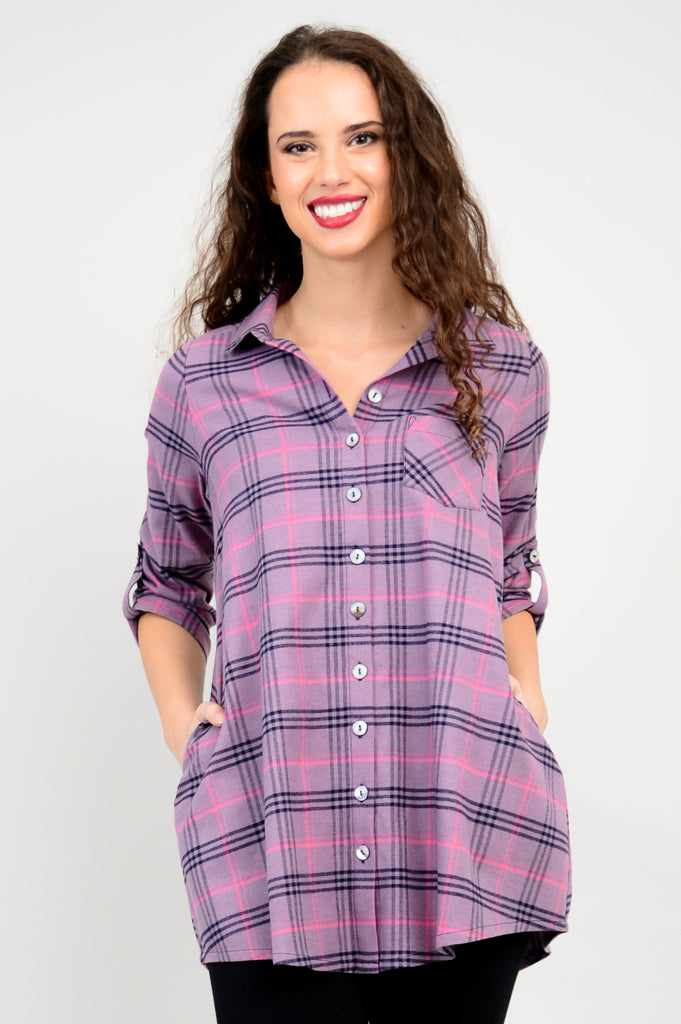 Celine Women's Cotton Flannel Tunic Top - Soft Plum Plaid Long Sleeve Shirt for Casual Wear & Fall Layering