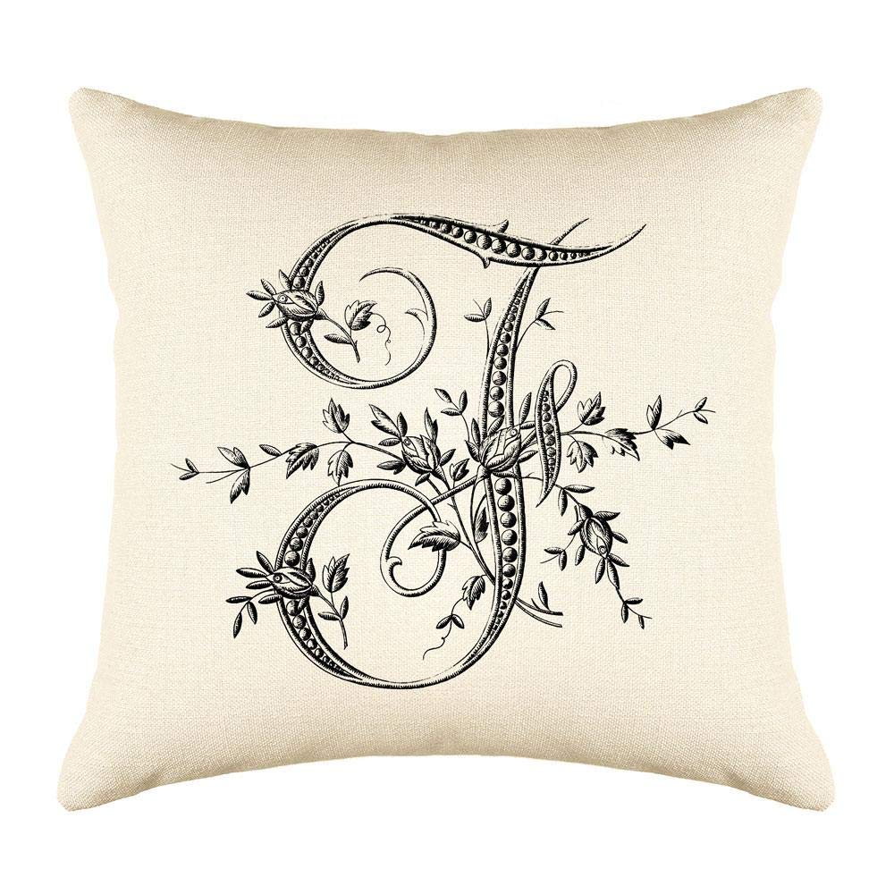 Vintage French Monogram Letter F Woven Cotton Blend Throw Pillow Cover 16x16 - Linen Cream Cushion Case for Couch, Sofa, Bed - Home Decor & Living Room Accent