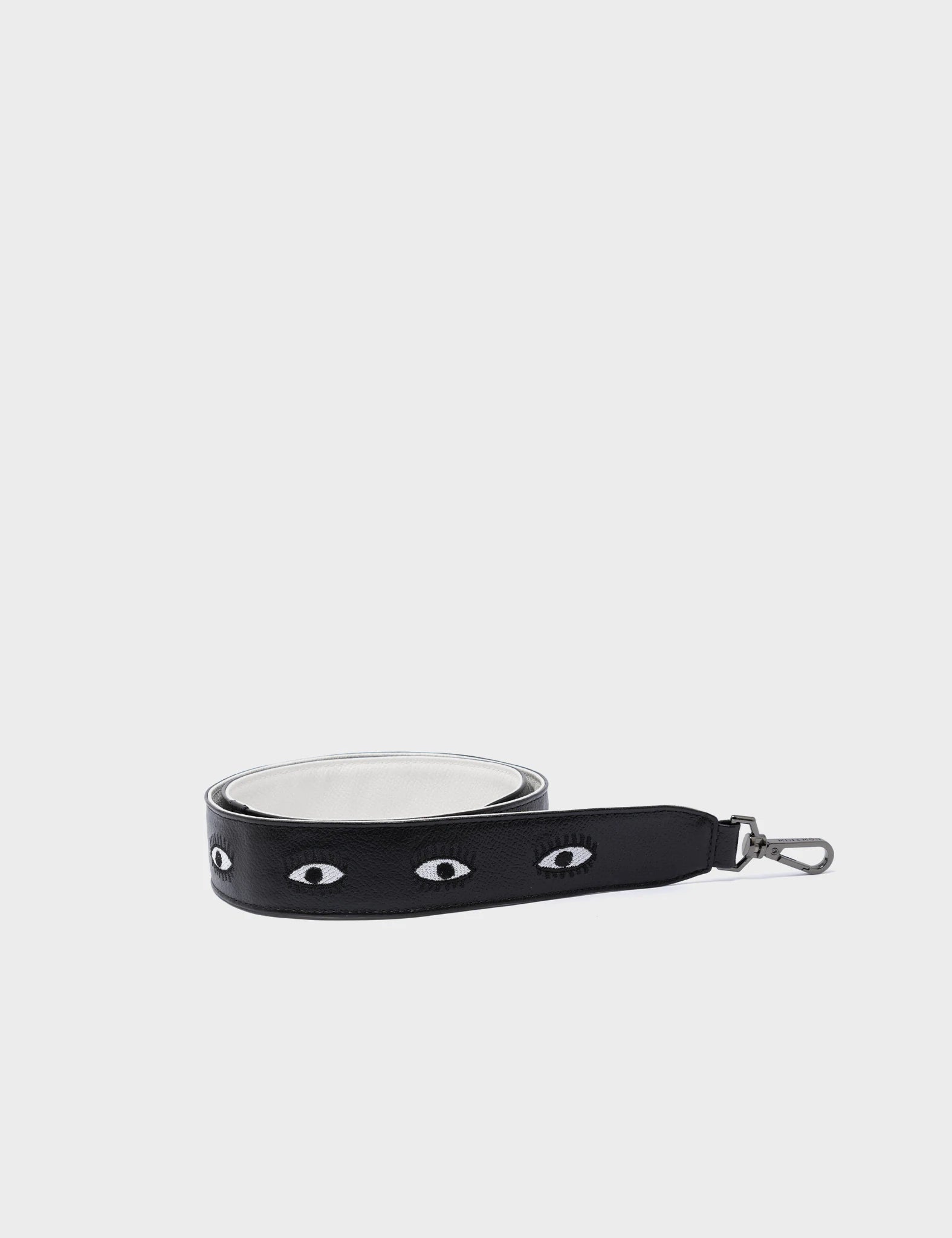 Detachable Black Leather Shoulder Strap with All Over Eyes Embroidery - Perfect for Handbags, Crossbody Bags & Fashion Accessories