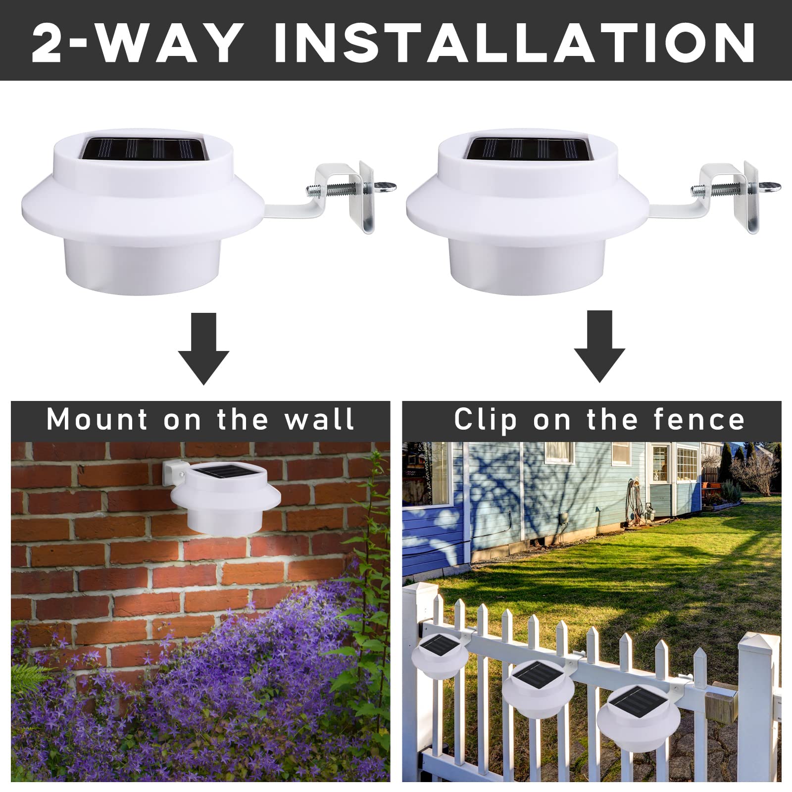 16 Pack Solar Powered LED Gutter Lights - Outdoor Waterproof Deck & Garden Lighting with Bracket for Fence, Wall, Stair, Pathway - White & Warm Light Options - Perfect for Landscape, Yard, and Home Exterior Decor