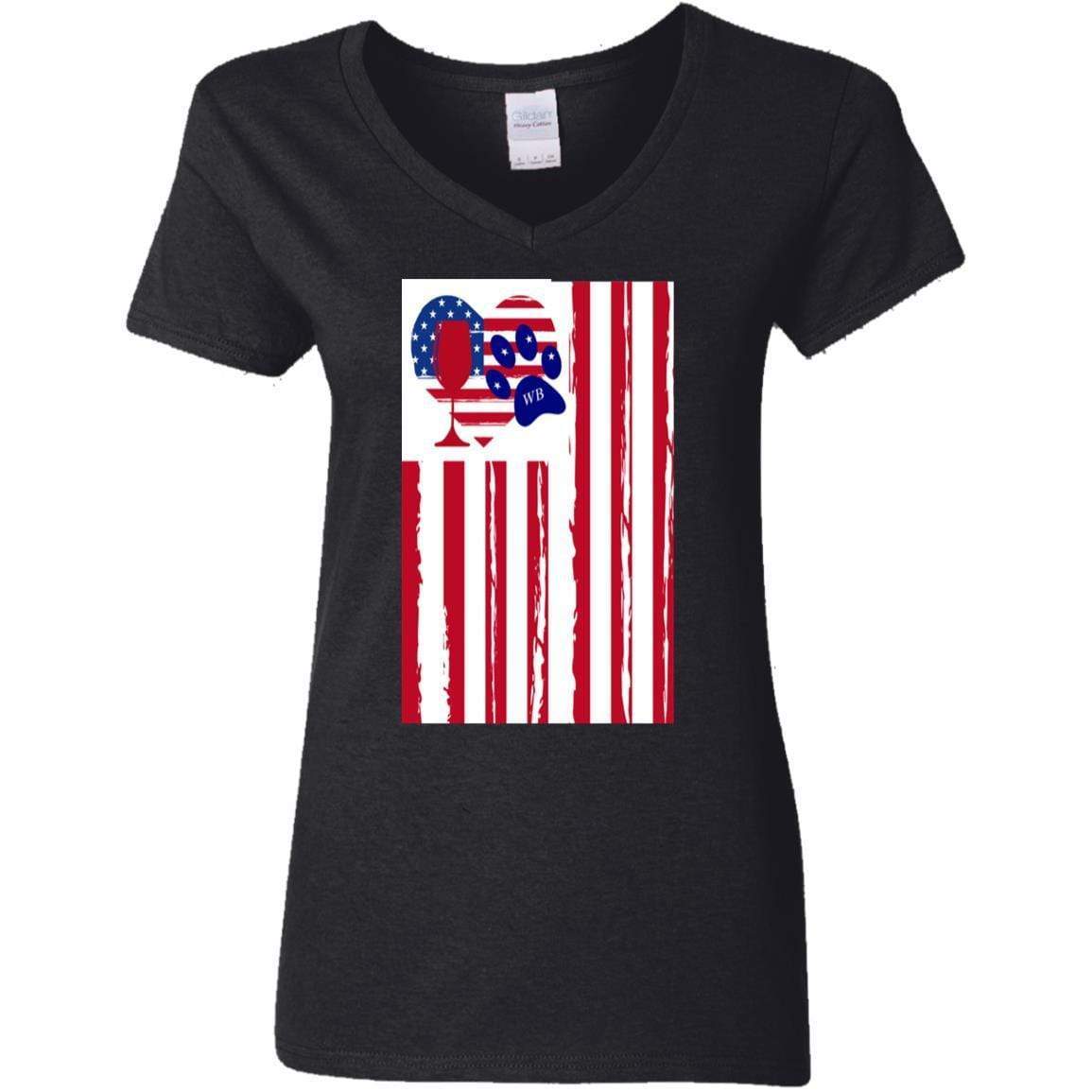 American Flag Wine Paw Heart V-Neck T-Shirt for Women - 5.3 oz Soft Cotton Ladies Tee - Perfect for 4th of July, Patriotic Events & Wine Lovers