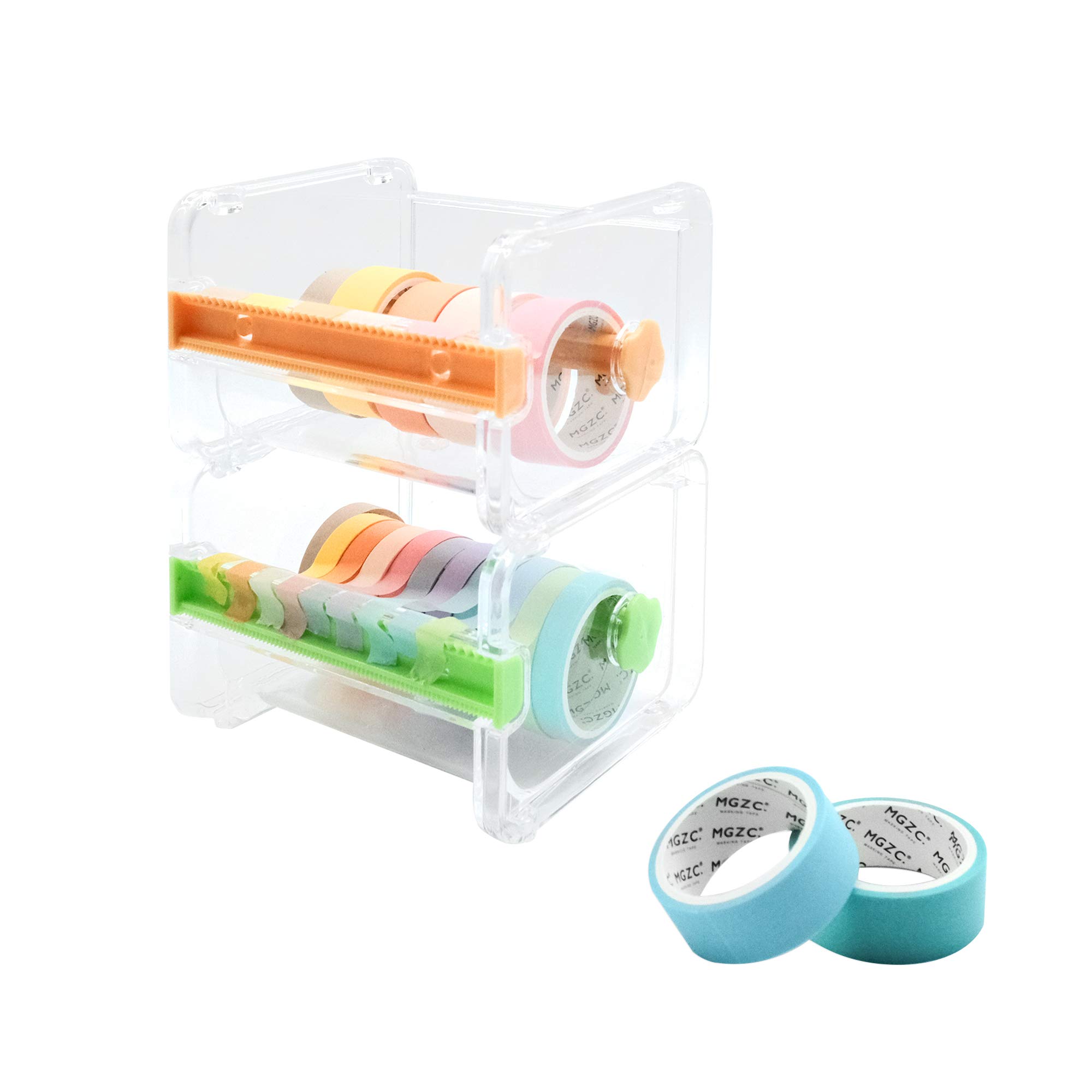 2 Pack Clear Acrylic Tape Dispenser with Cutter - Transparent Washi & Masking Tape Holder for Office Desk, Crafting, Scrapbooking - Green & Orange