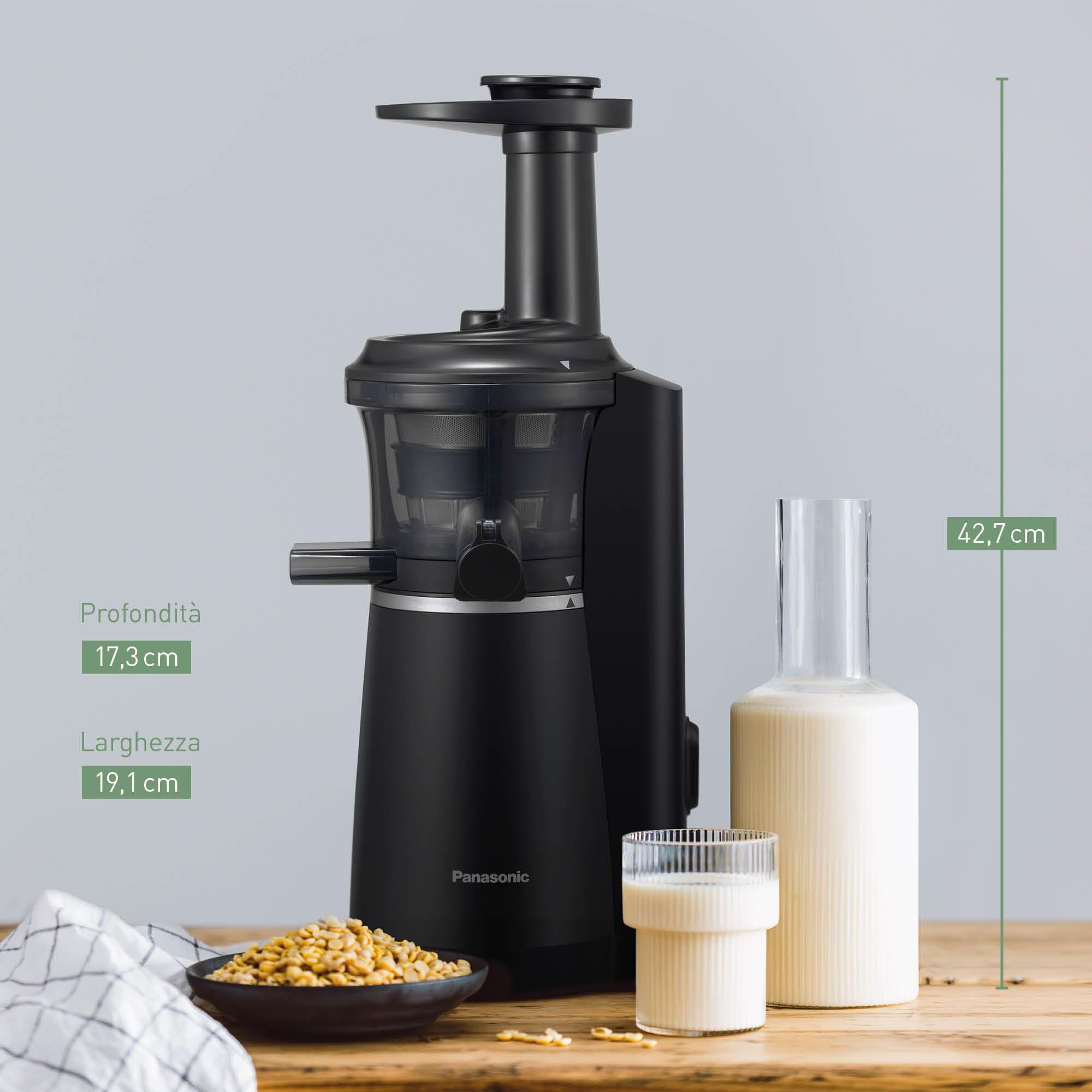 Panasonic MJ-L501KXE Slow Juicer - 150W Electric Cold Press Juicer for Fruits and Vegetables - Stainless Steel & Plastic Body - Slim & Elegant Design - Includes Frozen Fruit Attachment (Black) - Perfect for Healthy Juicing, Detox Drinks, and Homemade Baby Food