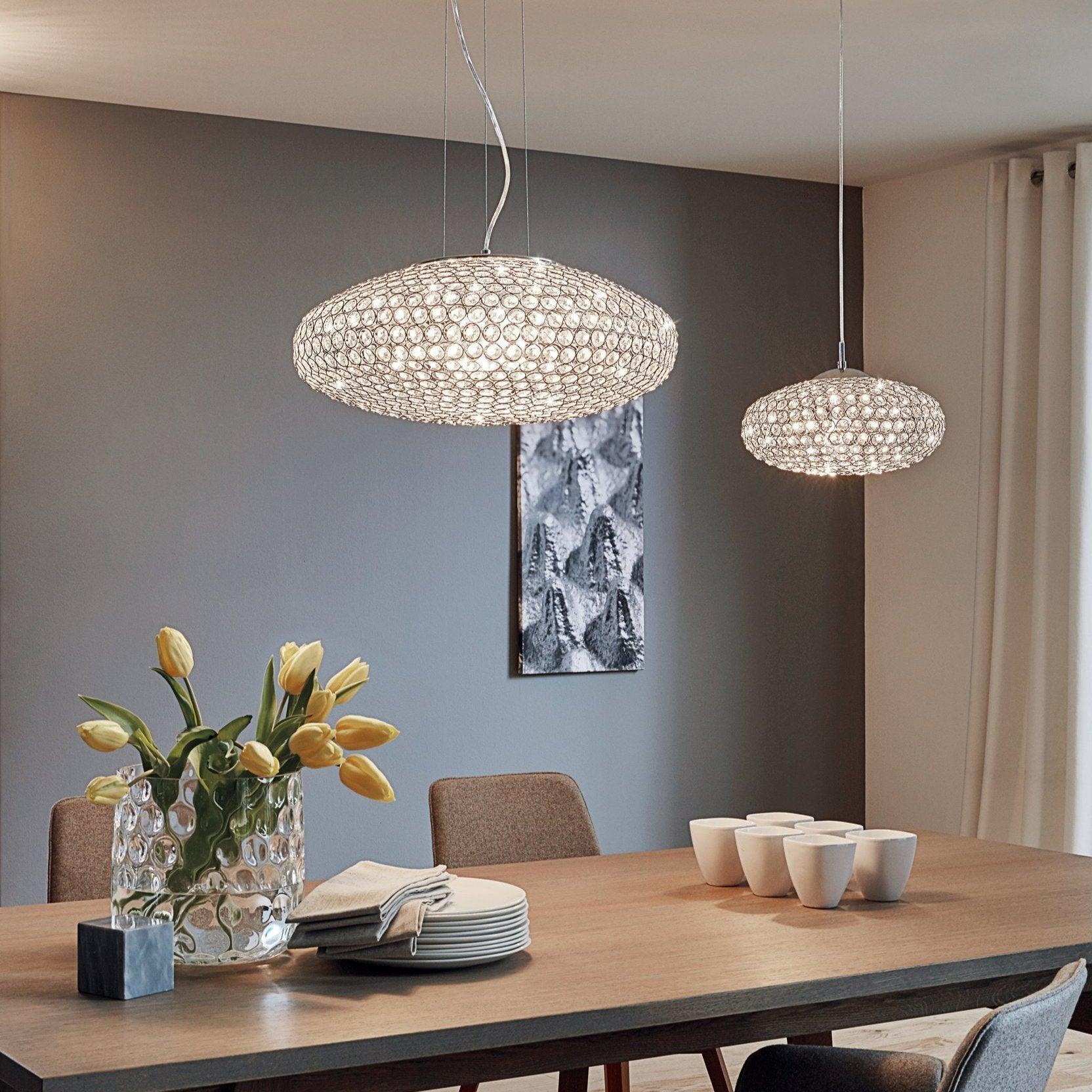 Eglo Clemente Modern Chrome & Clear Glass Crystal Ceiling Pendant Light Fixture - Perfect for Dining Room, Kitchen Island, or Entryway Lighting
