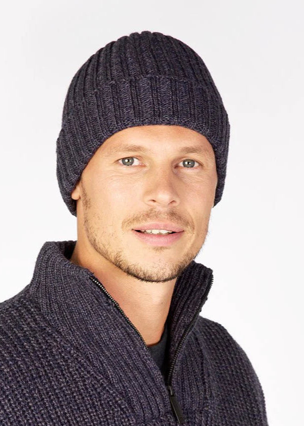 Ireland's Eye Ribbed Merino Wool Beanie Hat for Men & Women - Navy Marl Color, Warm Winter Knit Cap for Outdoor Activities, Skiing, Hiking and Cold Weather