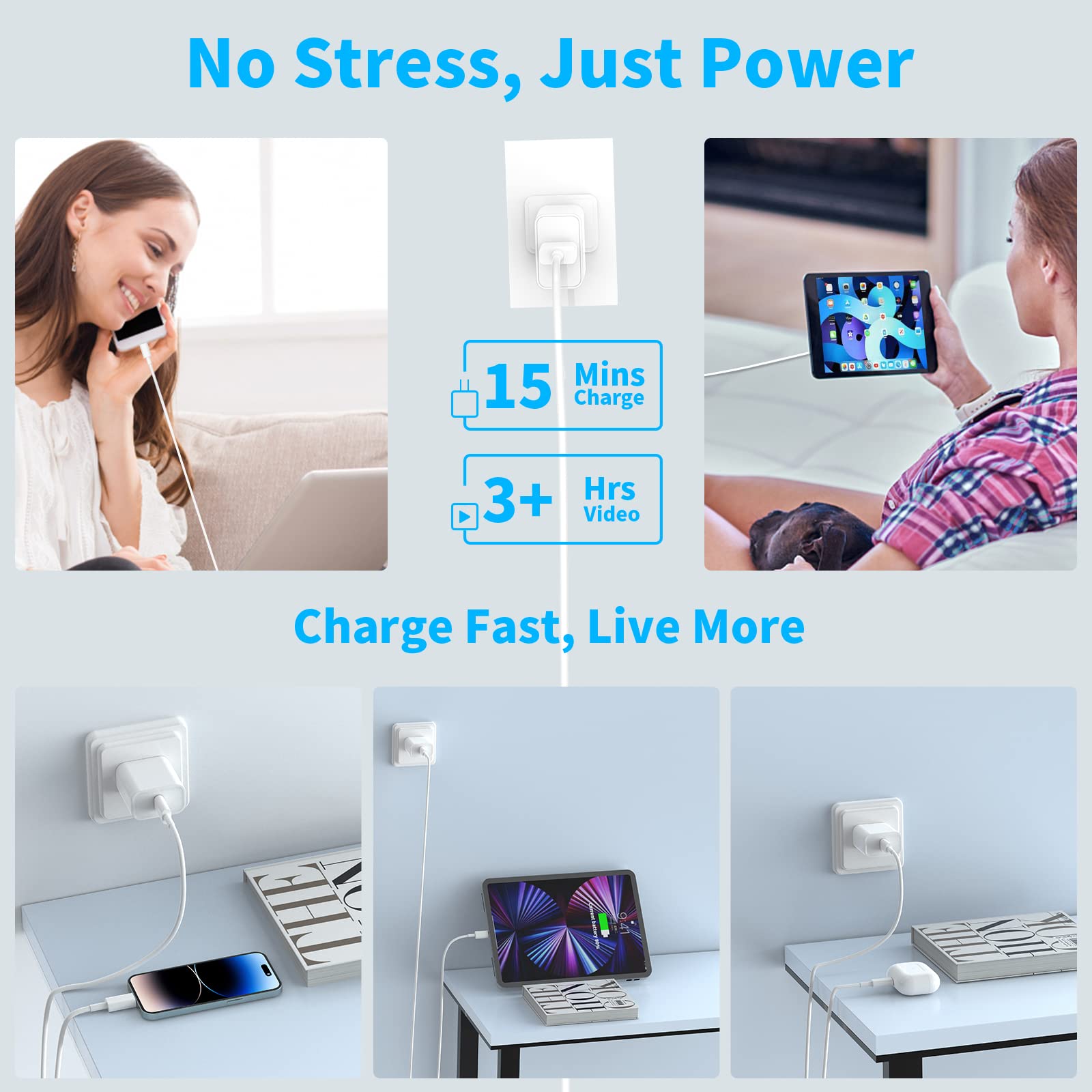 20W USB C Fast Charger Block 3-Pack with 6FT USB-C to Lightning Cables - PD Type C Wall Charger Adapter Compatible with iPhone 14/13/12/11/XS/XR/X/8, iPad & AirPods - Perfect for Home, Office & Travel Charging