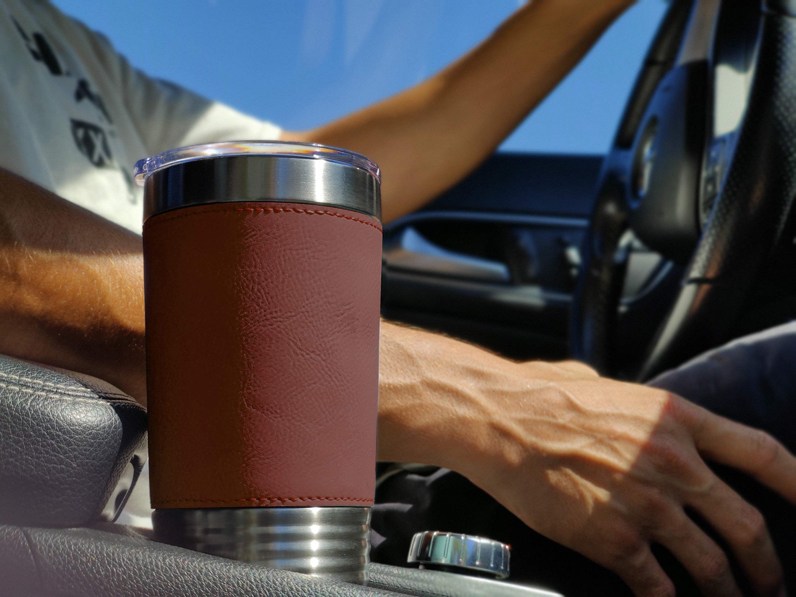 LaserGram 20oz Vacuum Insulated Stainless Steel Tumbler with Guatemala Flag Design - Personalized Engraved Travel Mug, Leakproof & Sweatproof - Perfect for Coffee, Tea & Cold Drinks at Home, Office or Outdoor Adventures (Faux Leather Handle, Dark Brown)