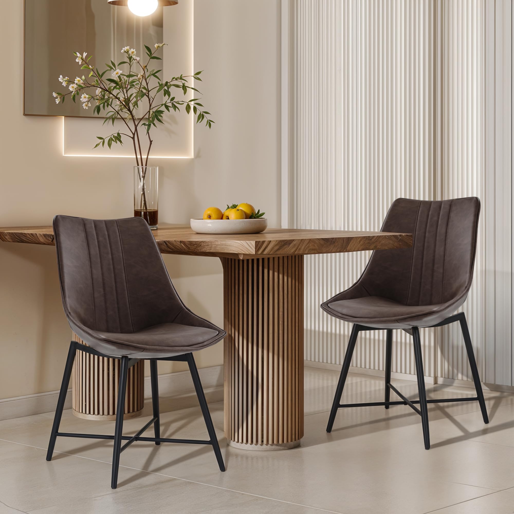 MOJAY Set of 2 Brown Faux Leather Dining Chairs - Modern Armless Upholstered Side Chairs with Sturdy Metal Legs for Dining Room, Kitchen, Bedroom & Vanity - Perfect for Small Spaces, Breakfast Nooks & Home Offices