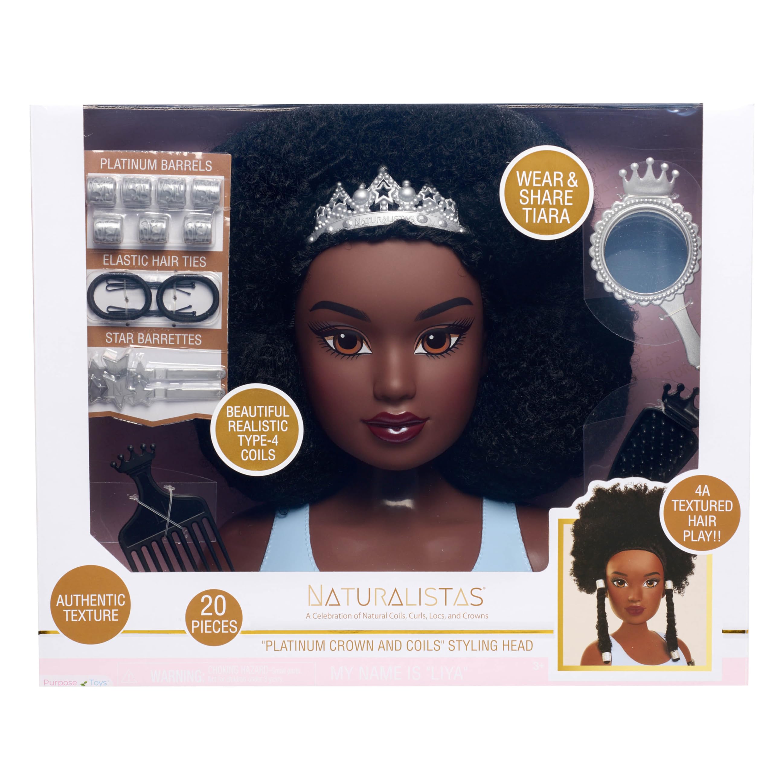 Liya Platinum Crown and Coils Fashion Styling Head with 4A Textured Hair - 19 Natural Hair Accessories for Braiding, Twisting & Styling Practice | Perfect for Salon Training, Cosmetology Students & DIY Hairstyling at Home