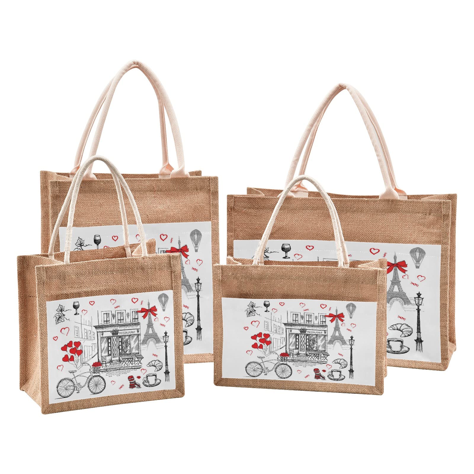 Stylish CaTaKu Paris Eiffel Tower Jute Tote Bag with Zipper & Handles - Reusable Eco-Friendly Grocery Shopping Bag with Front Canvas Pocket - Perfect for Beach, Picnics & Farmers Market (10