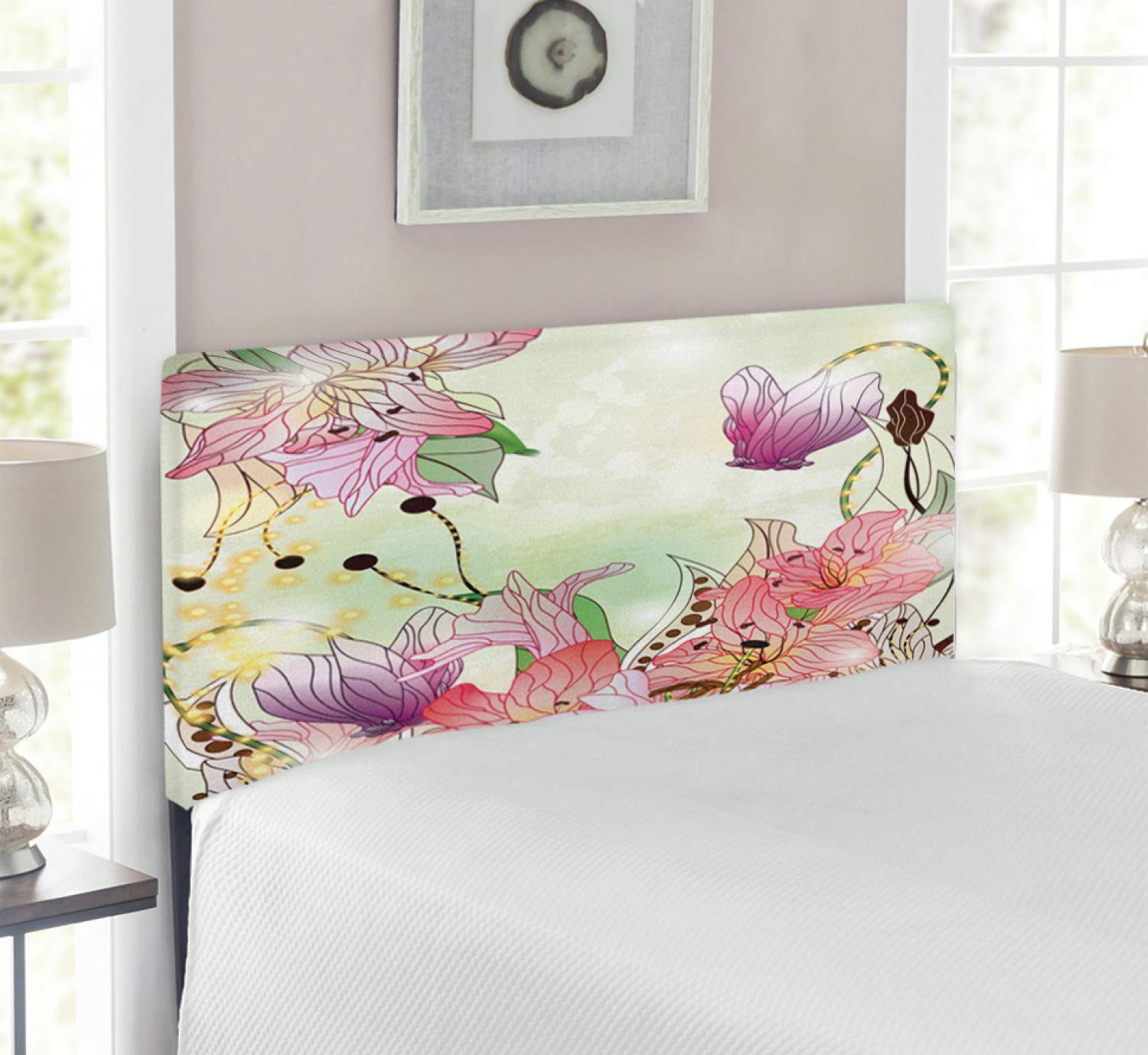 Ambesonne Floral Headboard - Watercolor Abstract Romantic Nature Themed Flowers Buds Leaves Art - Upholstered Decorative Metal Bed Headboard with Memory Foam - Twin Size - Pale Pink Purple - Perfect for Bedroom Decor, Guest Room, Dormitory & Home Staging