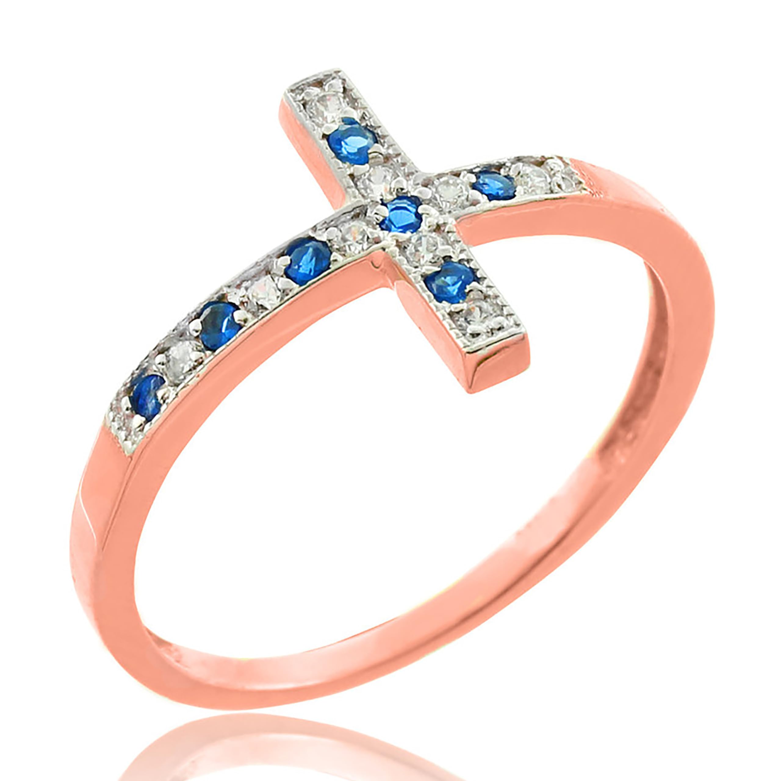 10K Rose Gold Diamond Sideways Cross Ring with Sapphire - Elegant Jewelry for Women, Perfect for Gifts, Weddings, Anniversaries & Everyday Wear