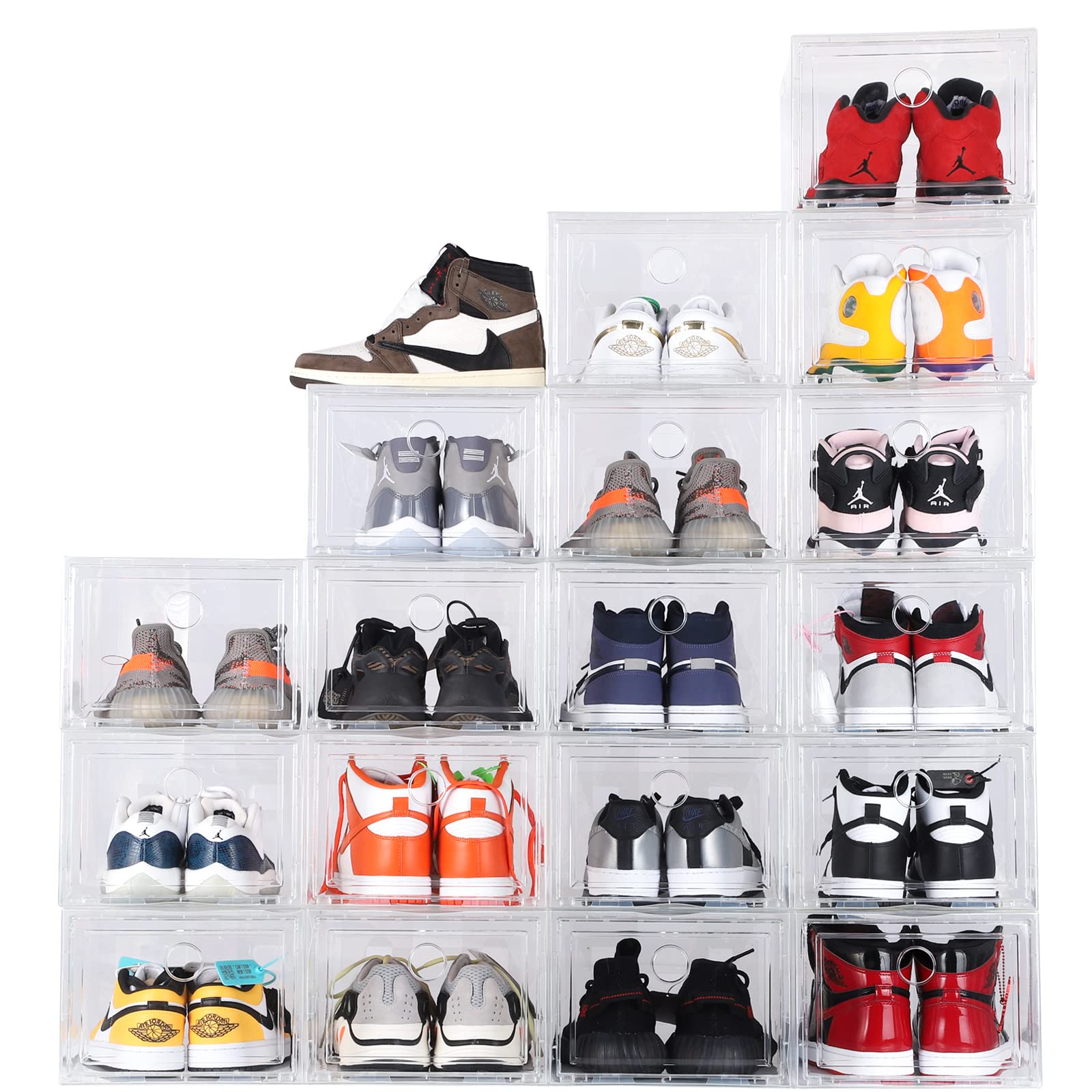 18-Pack Clear Plastic Stackable Shoe Storage Boxes - Front Opening Drawer Organizer for Sneakers & Shoes | Space-Saving Closet & Entryway Organization Solution (Transparent)