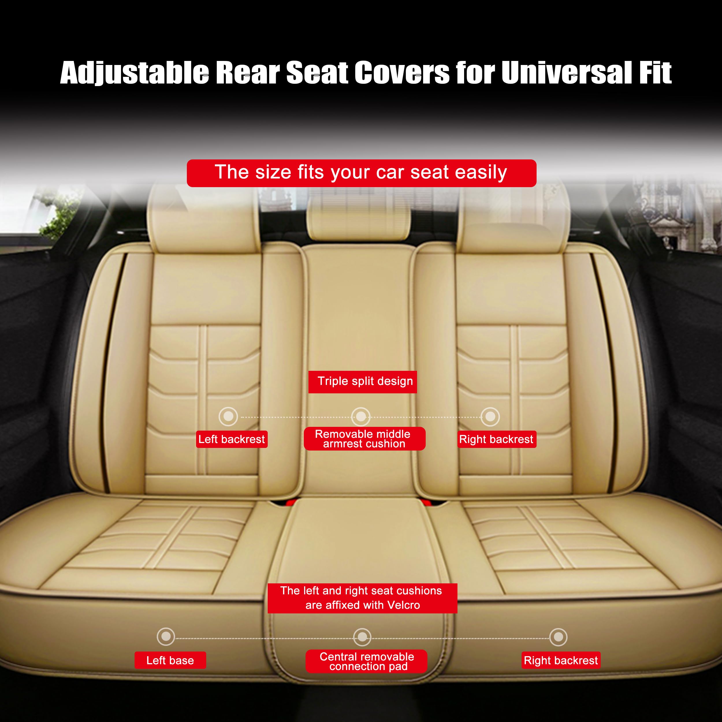 Premium Amooca Full Set Car Seat Covers - Universal Fit for Most Cars & SUVs (Front & Back Seats) - Waterproof Nappa Leather Auto Seat Protector Cushion in Beige - Perfect for Daily Commute, Road Trips & Family Protection