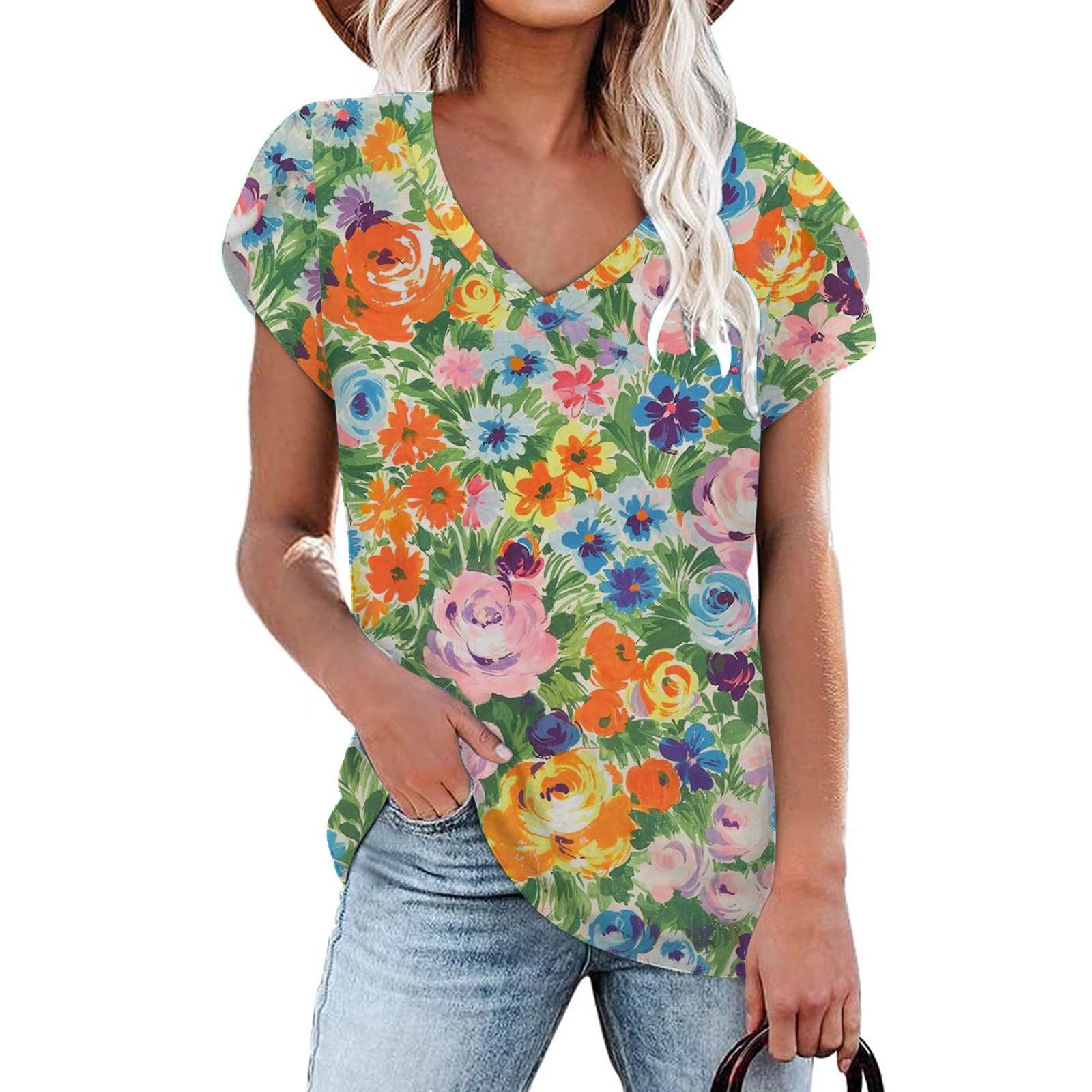 Women's Casual Floral Print V-Neck Tunic Tops with Petal Sleeves - Summer Blouses for Work, Date & Vacation Outfits