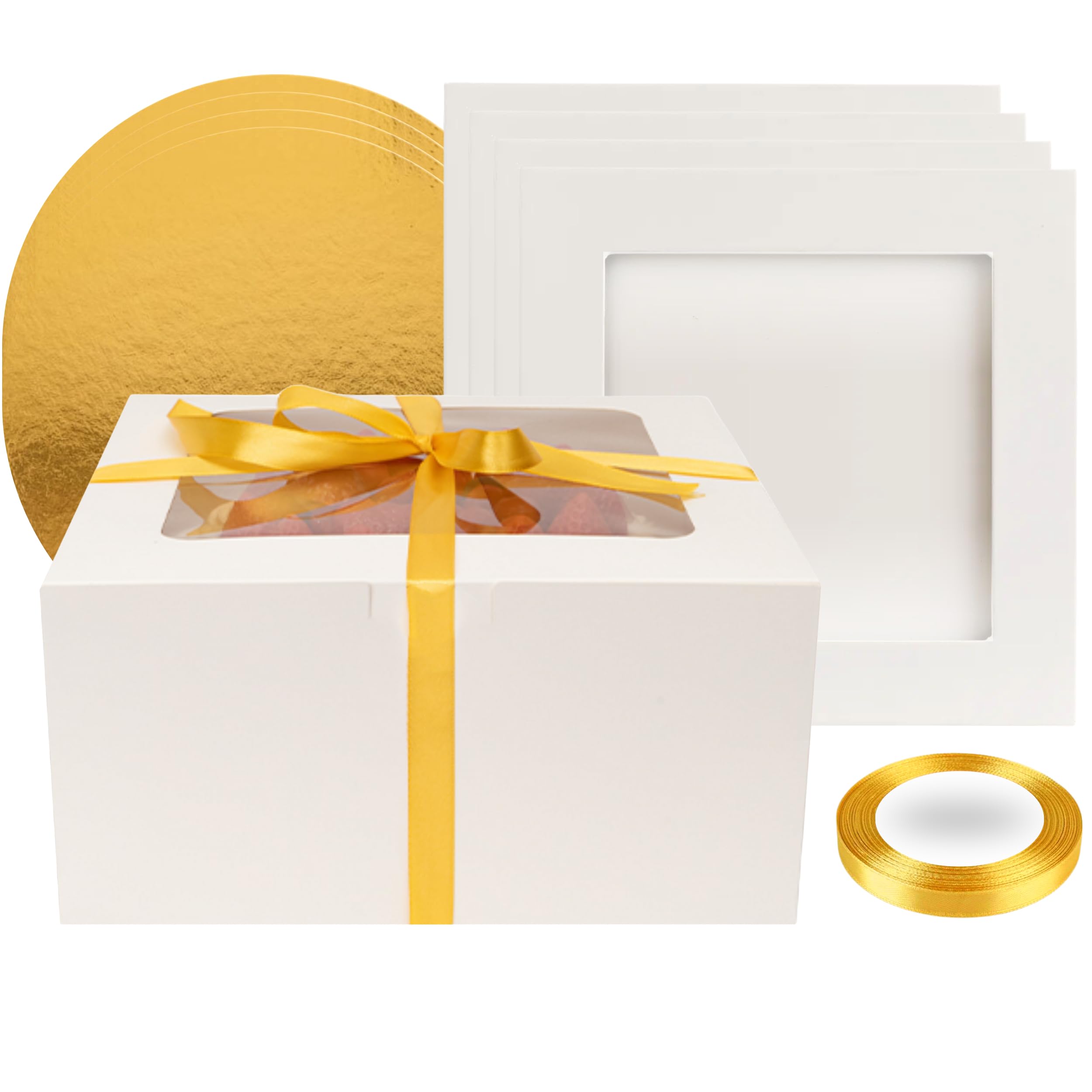 10 Inch Cake Box Set with Lids & Gold Ribbon - Disposable Bakery Boxes with Window, Cake Drum & Board for Birthday, Wedding & Party Desserts | BELMAKS Tall Cake Containers