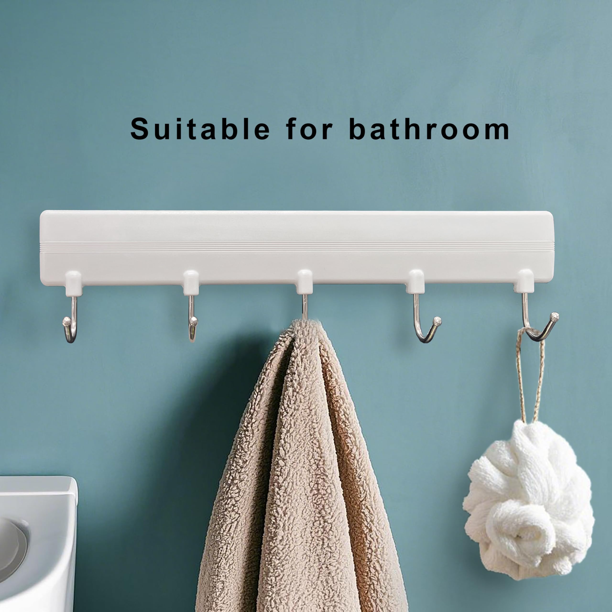 10.82-Inch Heavy Duty Adhesive Hook Rack with 5 Hooks - Holds Up to 4.4 lbs - Strong Wall Mount for Bathroom, Kitchen, Dorm & Office Organization