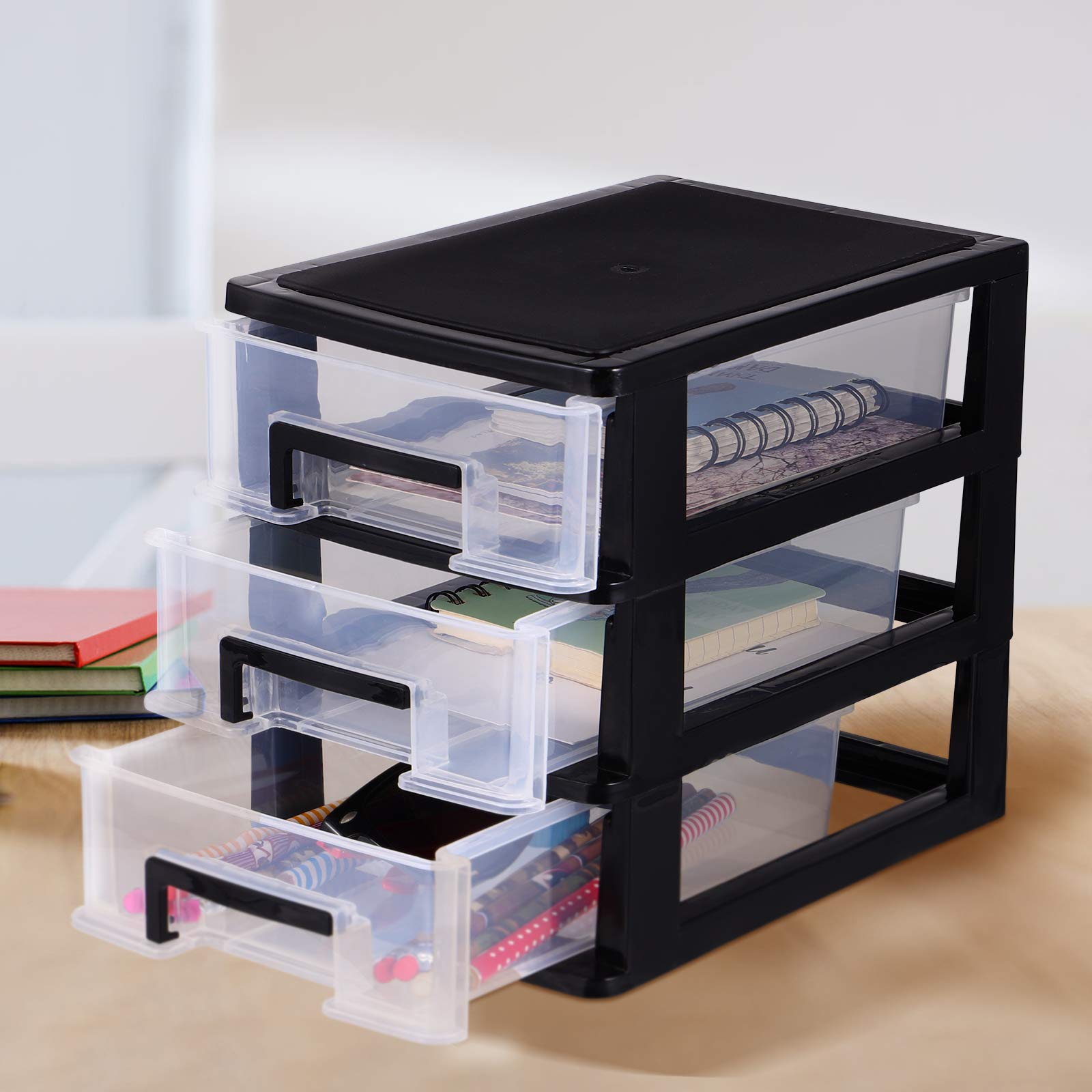 VOSAREA 3-Drawer Plastic Desktop Storage Organizer - Black & Transparent Dresser Organizer for Home, Office, and Craft Supplies | Perfect for Desk Organization, Makeup Storage, and Small Item Clutter Control
