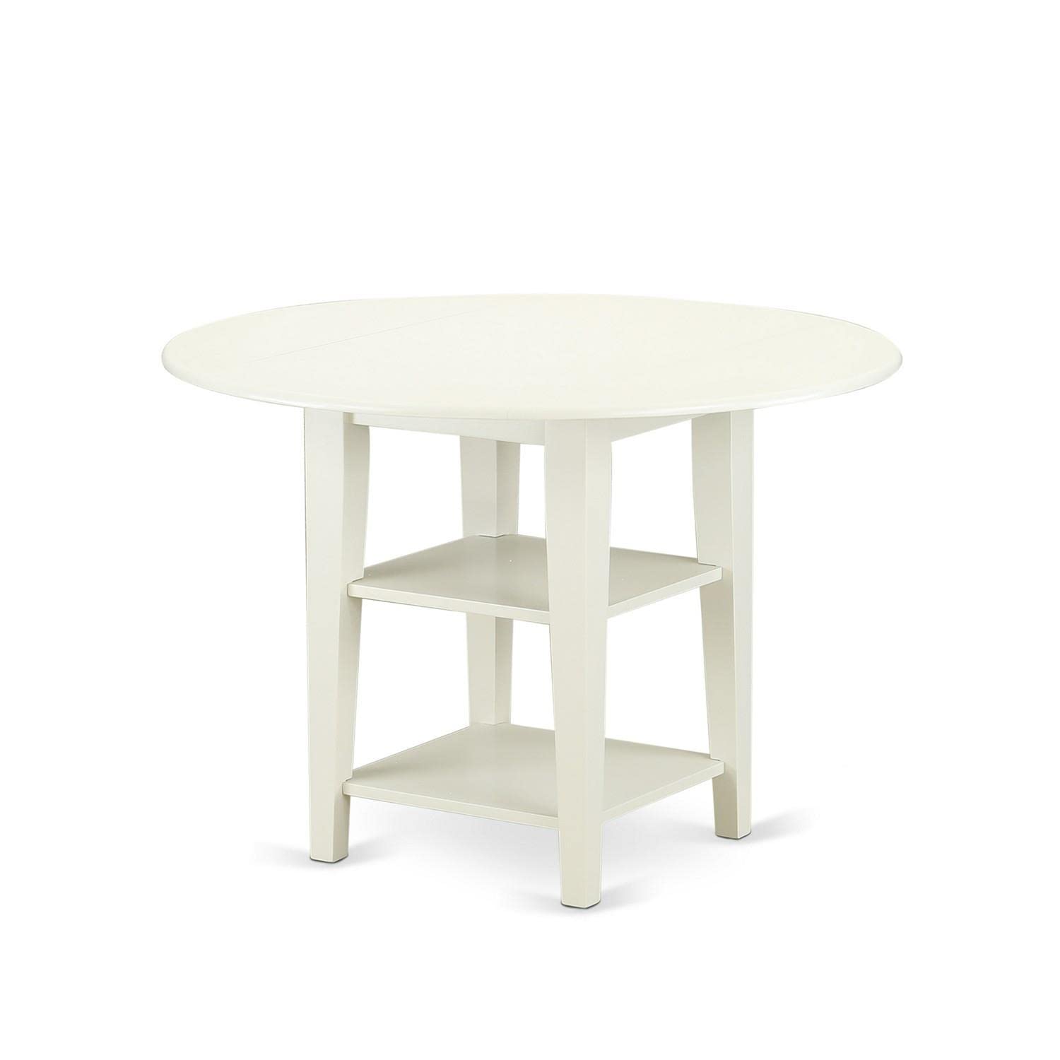 East West Furniture SUCL3-LWH-C 3-Piece Round Dining Table Set with Drop Leaf & Storage Shelves - 42x42 Inch Linen White - Includes 2 Upholstered Fabric Chairs - Perfect for Small Spaces, Apartments & Breakfast Nooks