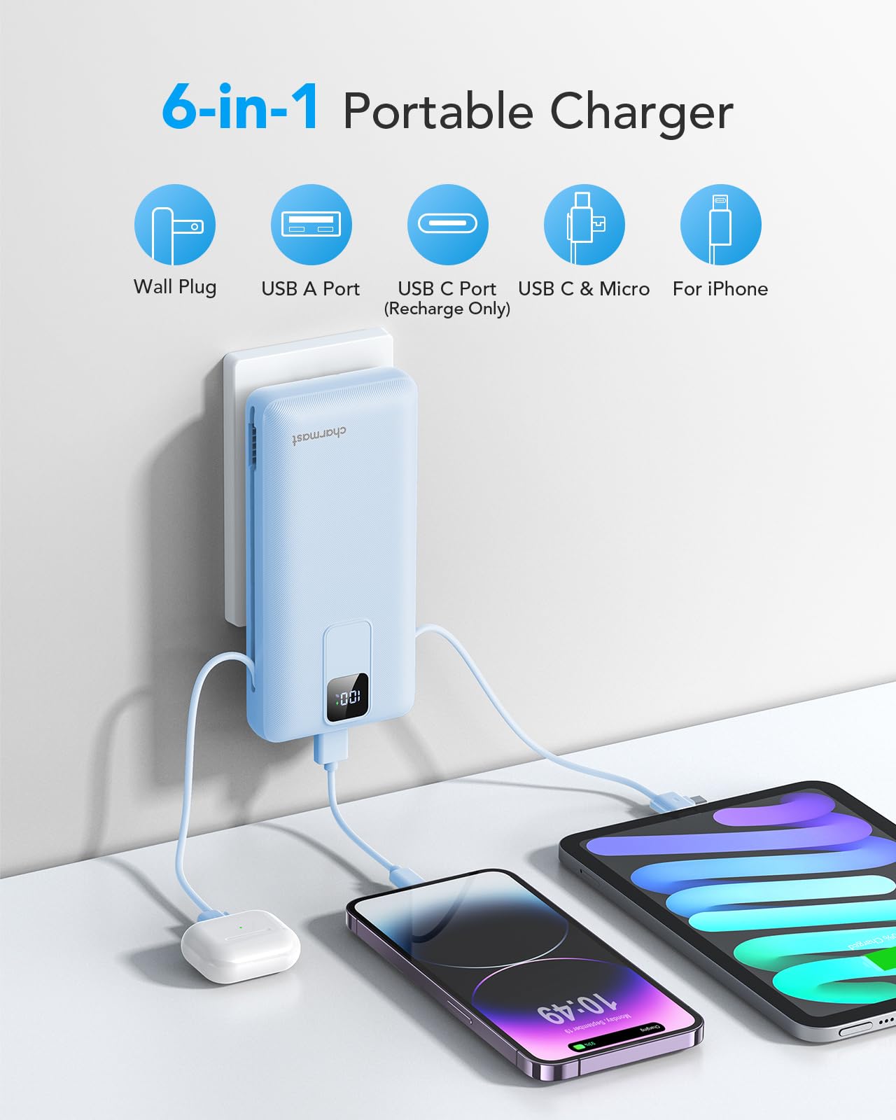 Charmast 20000mAh Portable Charger with Built-in Cables & Wall Plug - 20W Fast Charging Power Bank for iPhone 16/15/14/13, Samsung, Google, iPad - Perfect for Travel, Camping & Emergency Power Backup