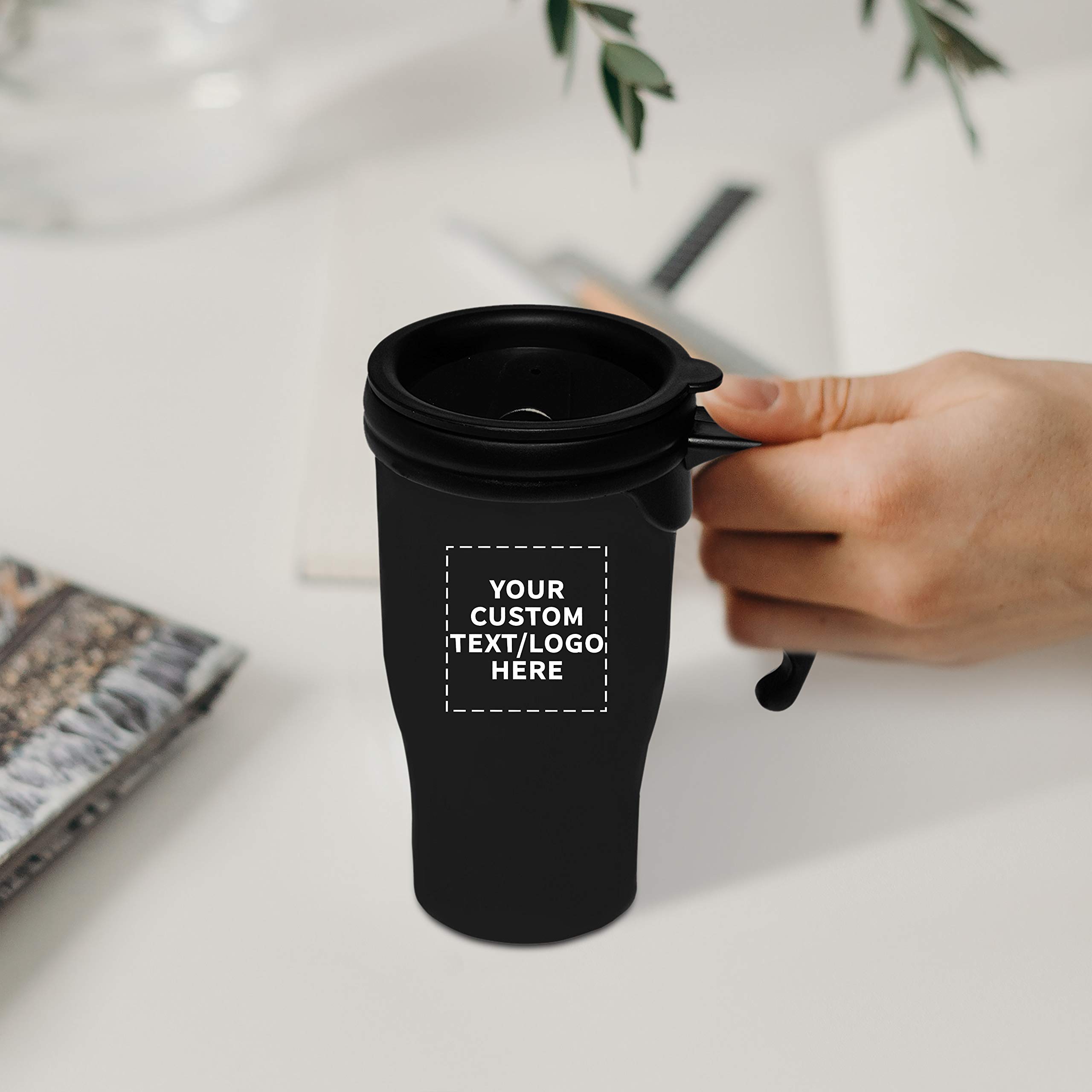Custom 14 oz. Insulated Plastic Travel Mugs - 50 Pack with Personalized Text & Logo - Black - Perfect for Corporate Gifts, Promotional Events & Office Use