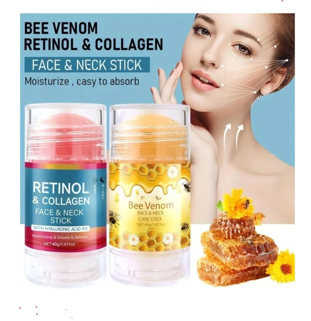 Retinol Collagen Face & Neck Stick + Bee Venom Cream - Hydrating & Anti-Aging Skincare Set for Dry, Oily & Sensitive Skin | Moisture Lock, Fast Absorption, 40g Each | Perfect for Night Routine & Travel Skincare