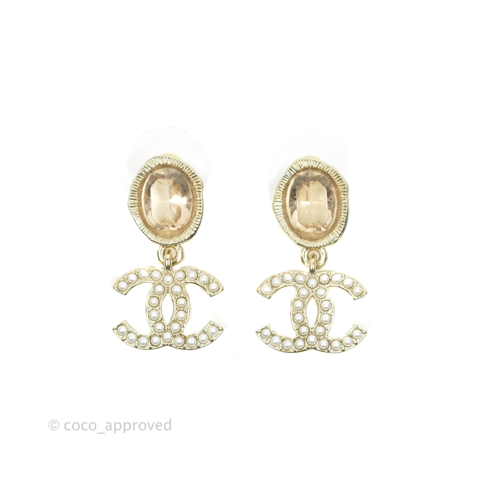 Chanel Champagne Resin Pearl CC Drop Earrings in Gold Tone - Elegant Luxury Jewelry for Women, Perfect for Parties, Weddings & Special Occasions