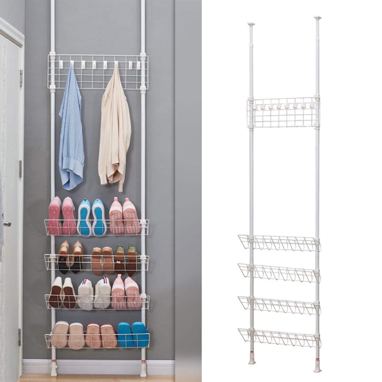 Adjustable 4-Tier Coat Rack & Shoe Organizer with 8 Hooks - 2-in-1 Metal Standing Behind Door Storage Stand for Hallway, Entryway, Foyer (White, 75cm/29.5in) - Space-Saving Solution for Small Apartments & Closet Organization