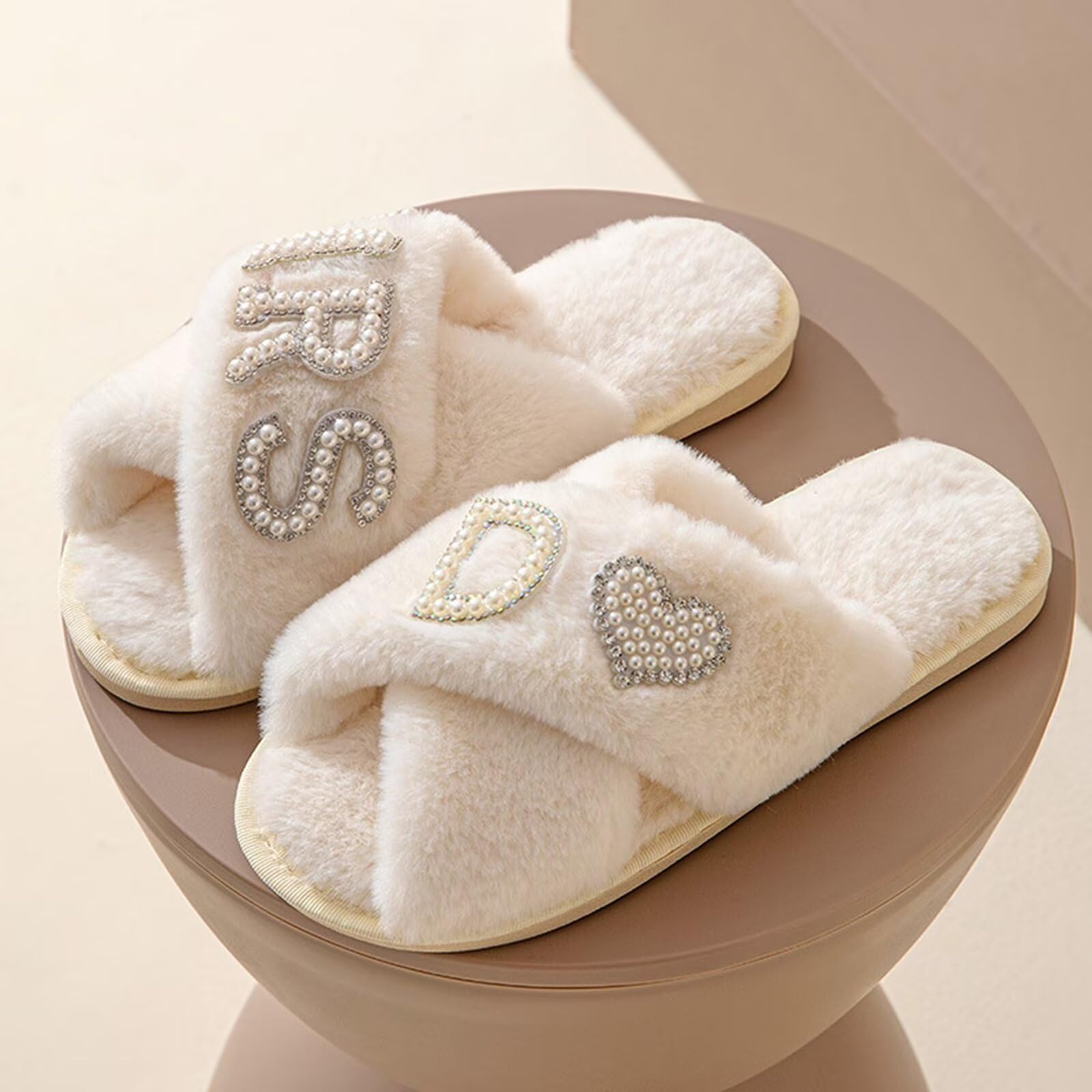 KEYUSHOP Women's Wedding Slippers - Soft Bridal House Slippers with Cross Band, Fuzzy Open-Toe Design for Bride, Bridesmaid & Bridal Shower Party | Comfortable Indoor/Outdoor Slippers for Wedding Preparation & Honeymoon