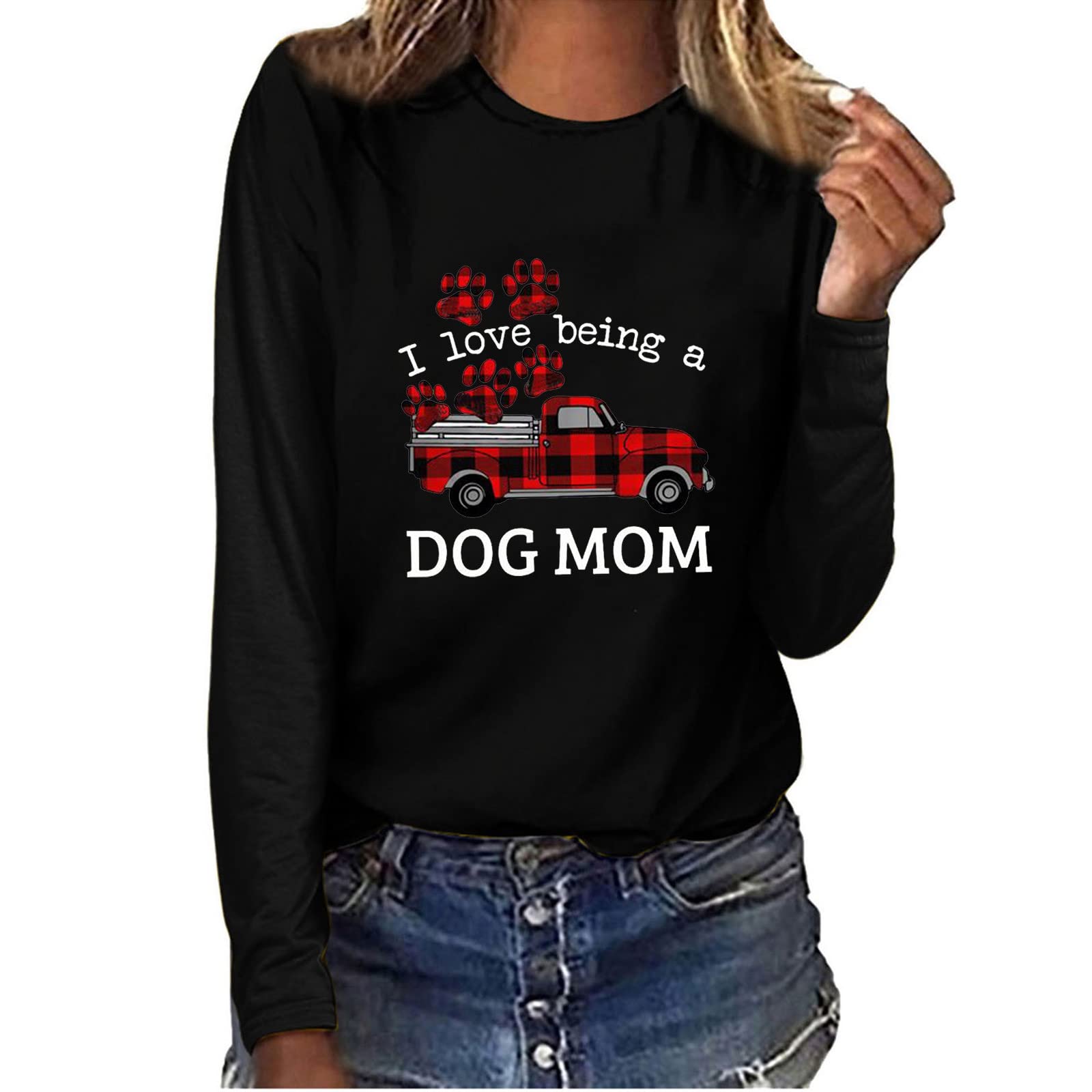 Women's Long Sleeve T-Shirt with Dog Paw Print & Letter Design - Round Neck Casual Loose Tunic Top Blouse for Everyday Wear, Work & Outfits