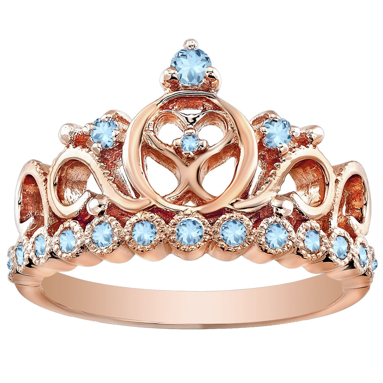 14K Rose Gold Aquamarine Heart Crown Ring for Women - Elegant Birthstone Jewelry Gift for Valentine's Day, Anniversary & Special Occasions