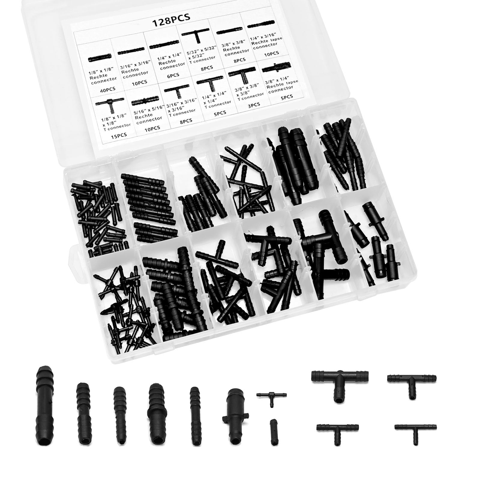 113-Piece Vacuum Fittings Assortment Kit - Black Nylon Vacuum Connectors with Heat Resistance up to 460°F (240°C) - Includes 12 Sizes of Tee Connectors for HVAC, Automotive & Industrial Applications
