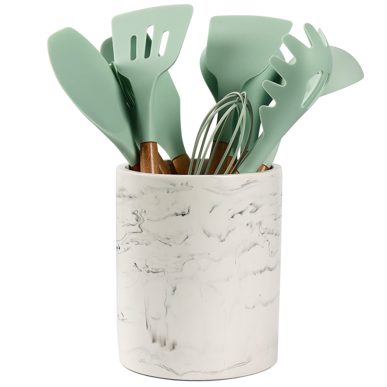 Stainless Steel Kitchen Utensil Holder - Countertop Organizer for Spoons, Forks, Chopsticks & Flatware - Durable Resin Utensil Caddy with White Marble Design - Perfect for Kitchen Counter, Dining Table & Restaurant Use