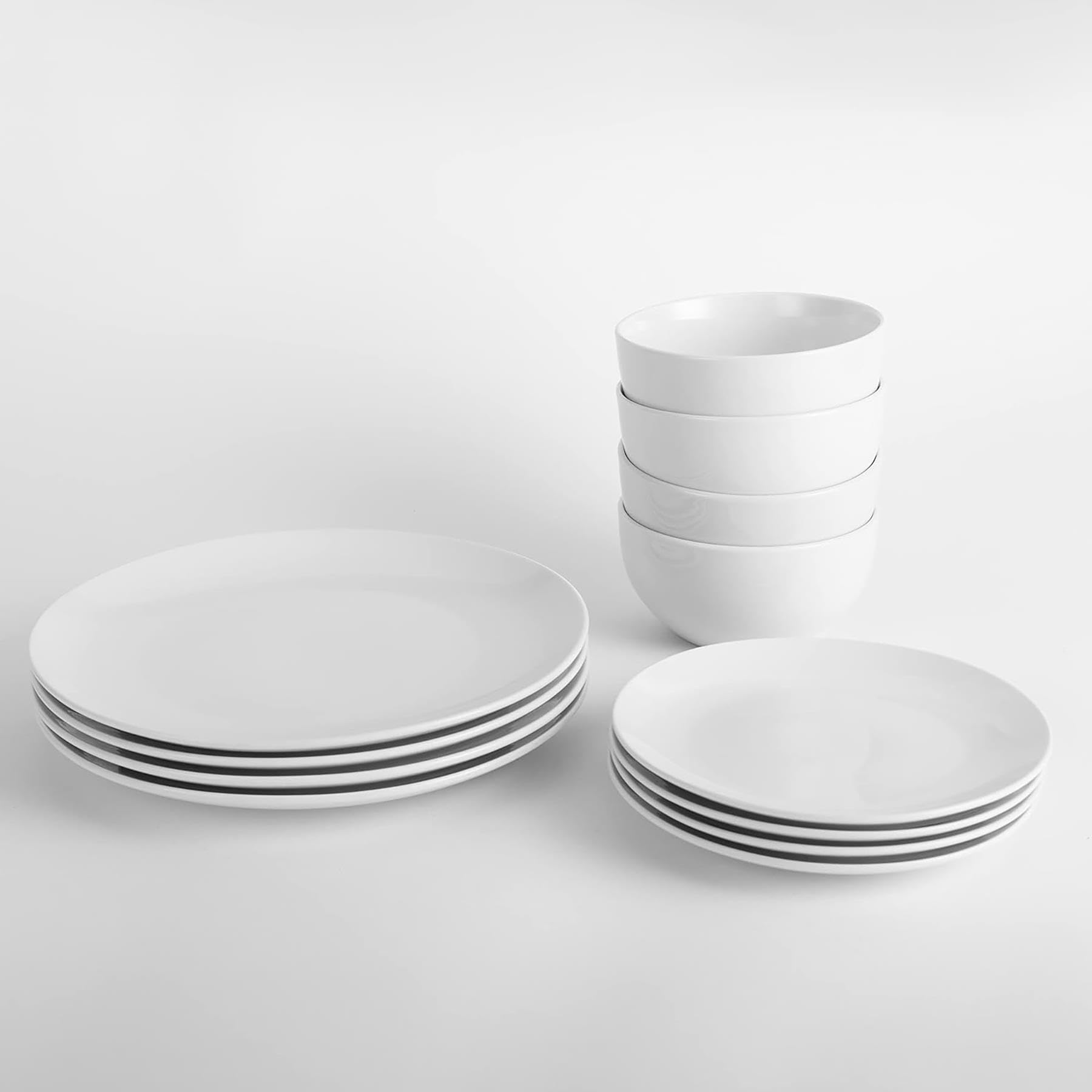 12-Piece Porcelain Dinnerware Set - 4 Dinner Plates, 4 Salad Plates & 4 Bowls - Dishwasher & Microwave Safe White Tableware for Everyday Dining & Entertaining