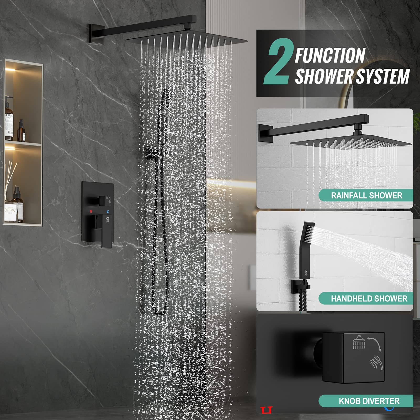 SR SUN RISE 10 Inch Matte Black Wall Mount Shower System Set with Rough-in Valve & Trim Kit - Complete Bathroom Fixture for Modern Home Renovation