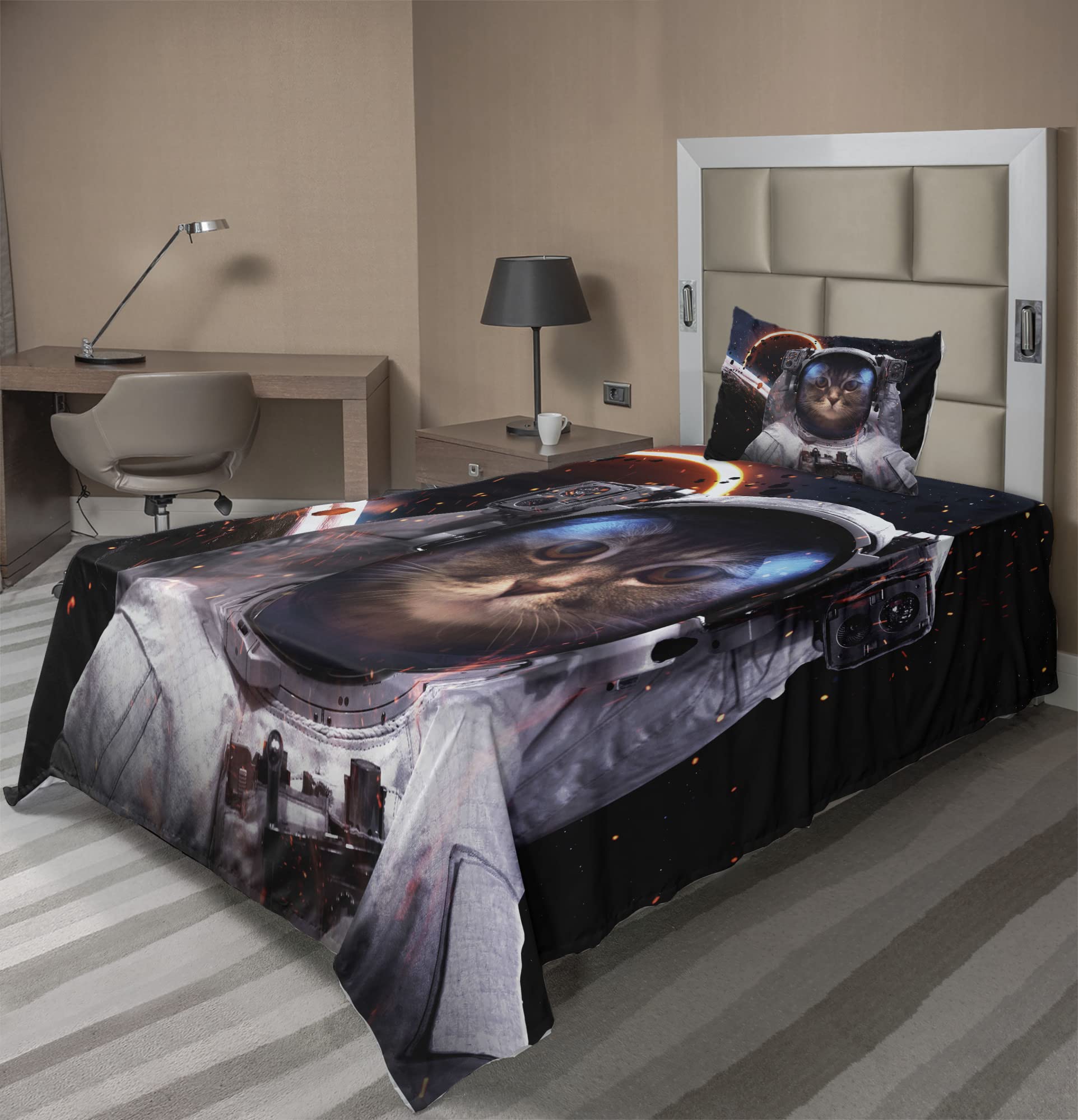 Ambesonne Space Cat Bedding Set - 3 Piece Twin XL Comet Galaxy Cosmonaut Print Sheet Set with Fitted Sheet, Flat Sheet & Pillowcase - Dark Blue & White Outer Space Themed Bedroom Decor for Kids & Teens Room