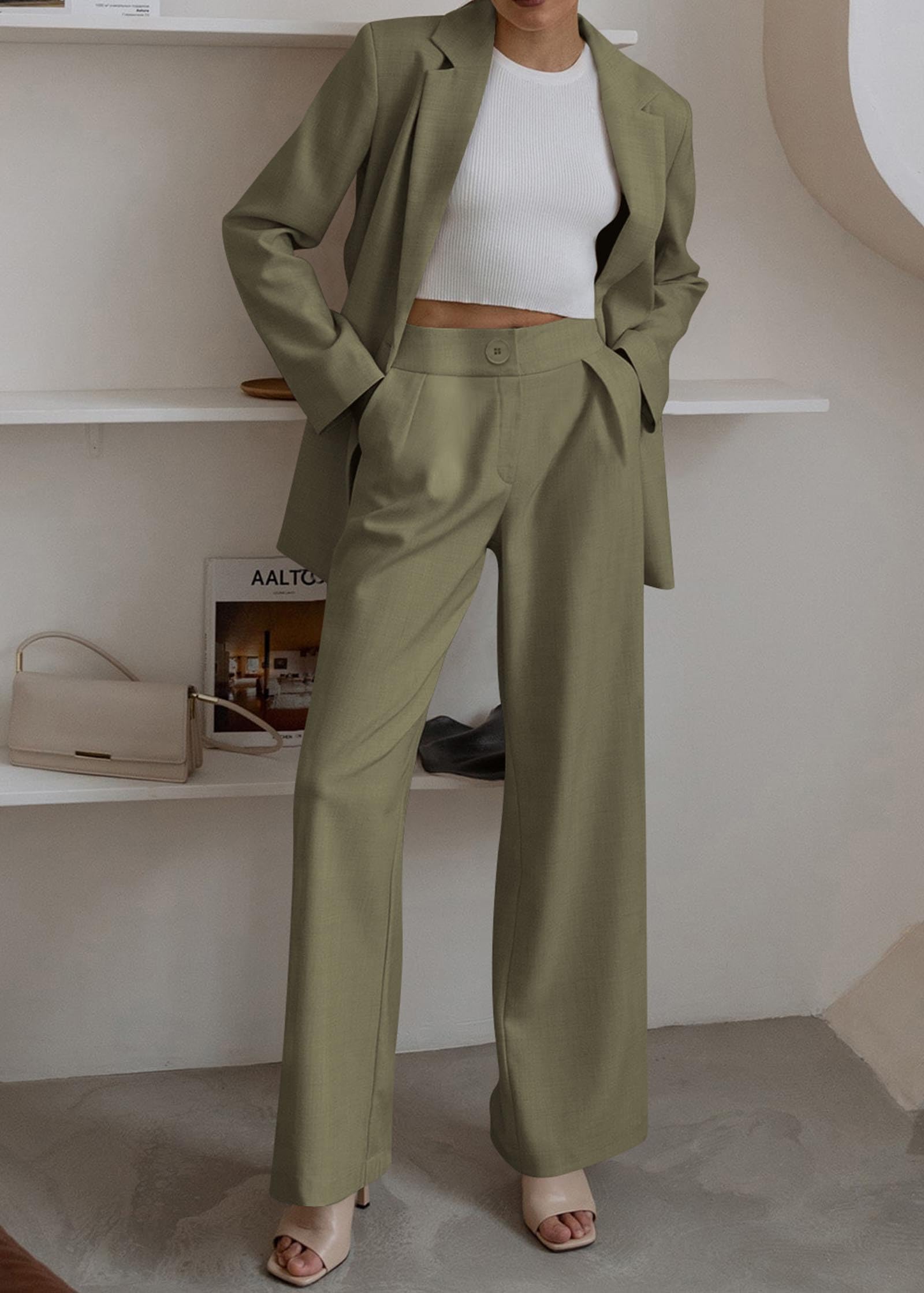 KIRUNDO Women's 2025 Spring Fall 2-Piece Blazer Set - Casual Loose Long Blazer Jacket with Dressy Wide Leg Pants (with Pockets) | Office Wear, Business Attire & Formal Outfits