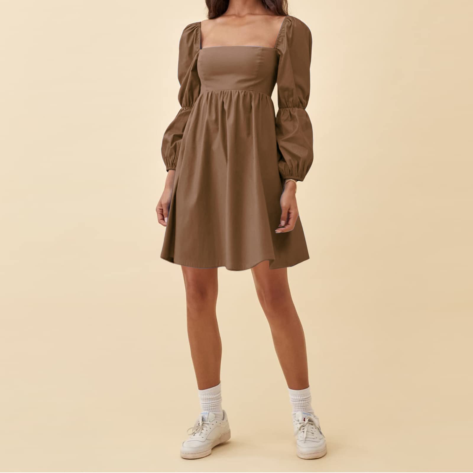 EXLURA Women's 2025 Square Neck Long Puff Sleeve A-Line Mini Dress - Casual Short Summer Dress for Brunch, Date Night & Vacation