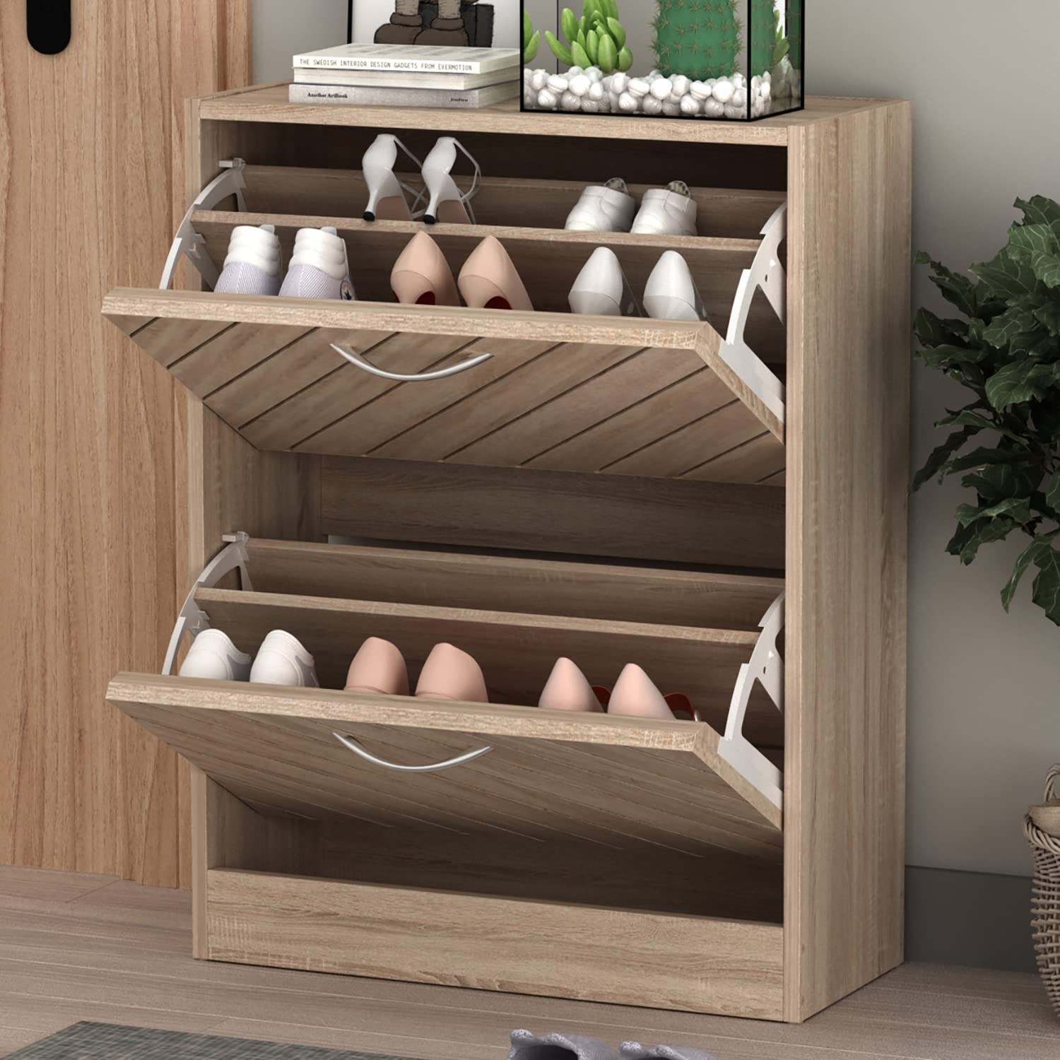FUFU&GAGA Modern Shoe Storage Cabinet with 2 Flip Drawers - Freestanding Entryway Shoe Rack Organizer, 22.4”W x 9.4”D x 29.5”H, Light Brown - Perfect for Small Spaces, Hallway, Apartment & Closet Organization