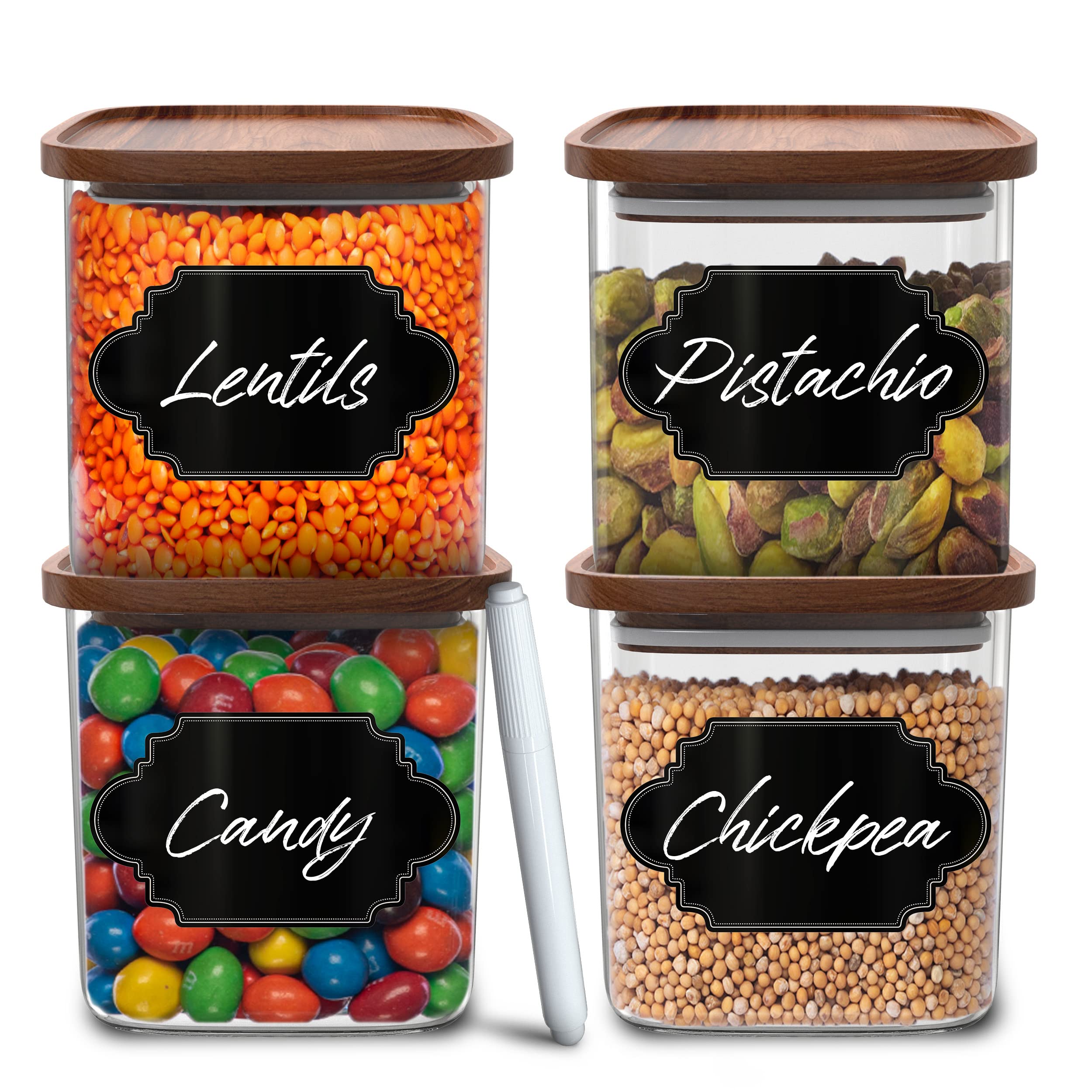 Square Glass Jars with Wood Lids - Set of 4 (24oz) Airtight & Stackable Food Storage Containers | BPA-Free, Recyclable Canisters for Coffee, Cookies, Pasta, Sugar | Perfect for Kitchen Pantry Organization & Home Decor