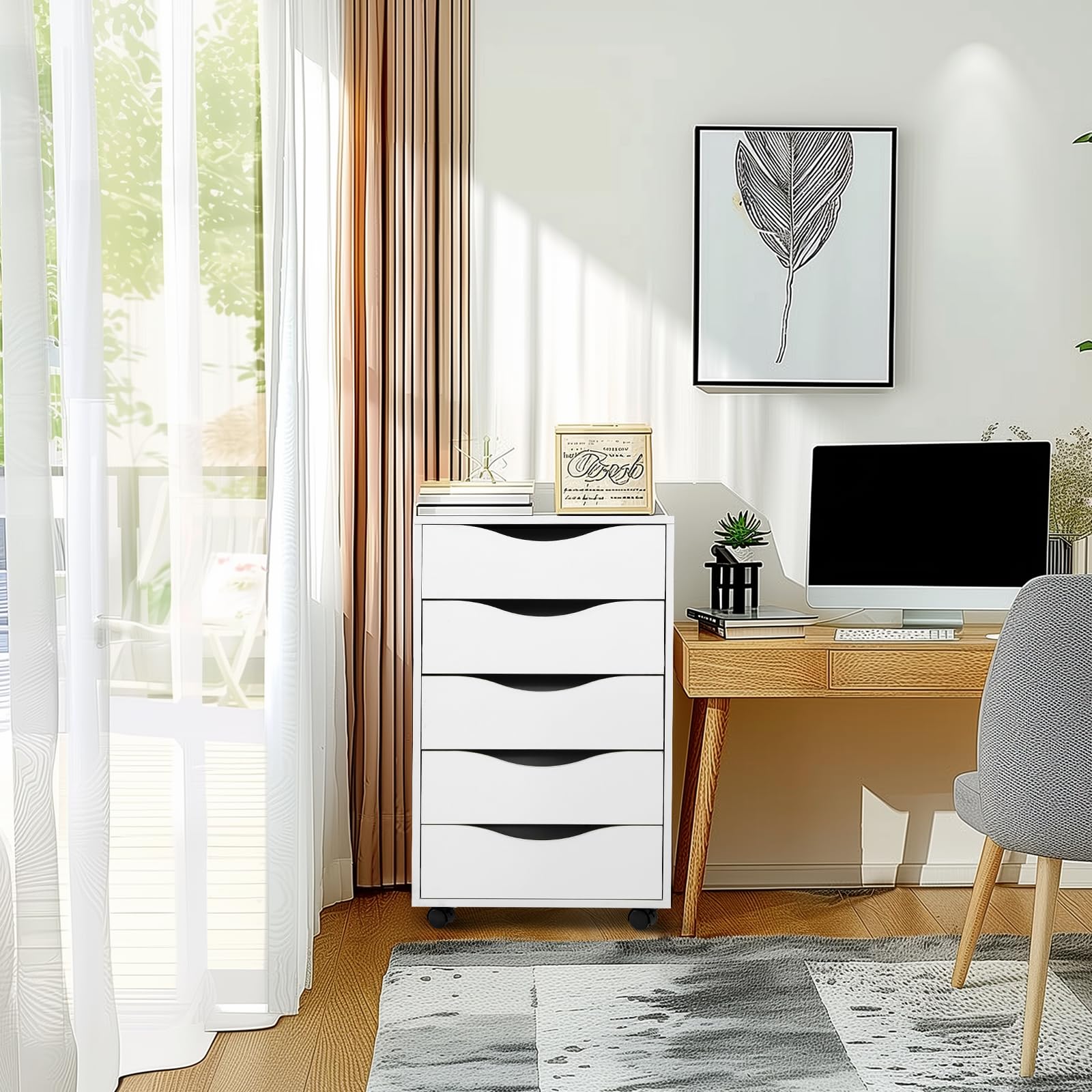 QDSSDECO 5-Drawer Wooden File Cabinet with Wheels - Rolling Storage Dresser for Home Office Organization, White - Perfect for Document Storage & Office Furniture Needs