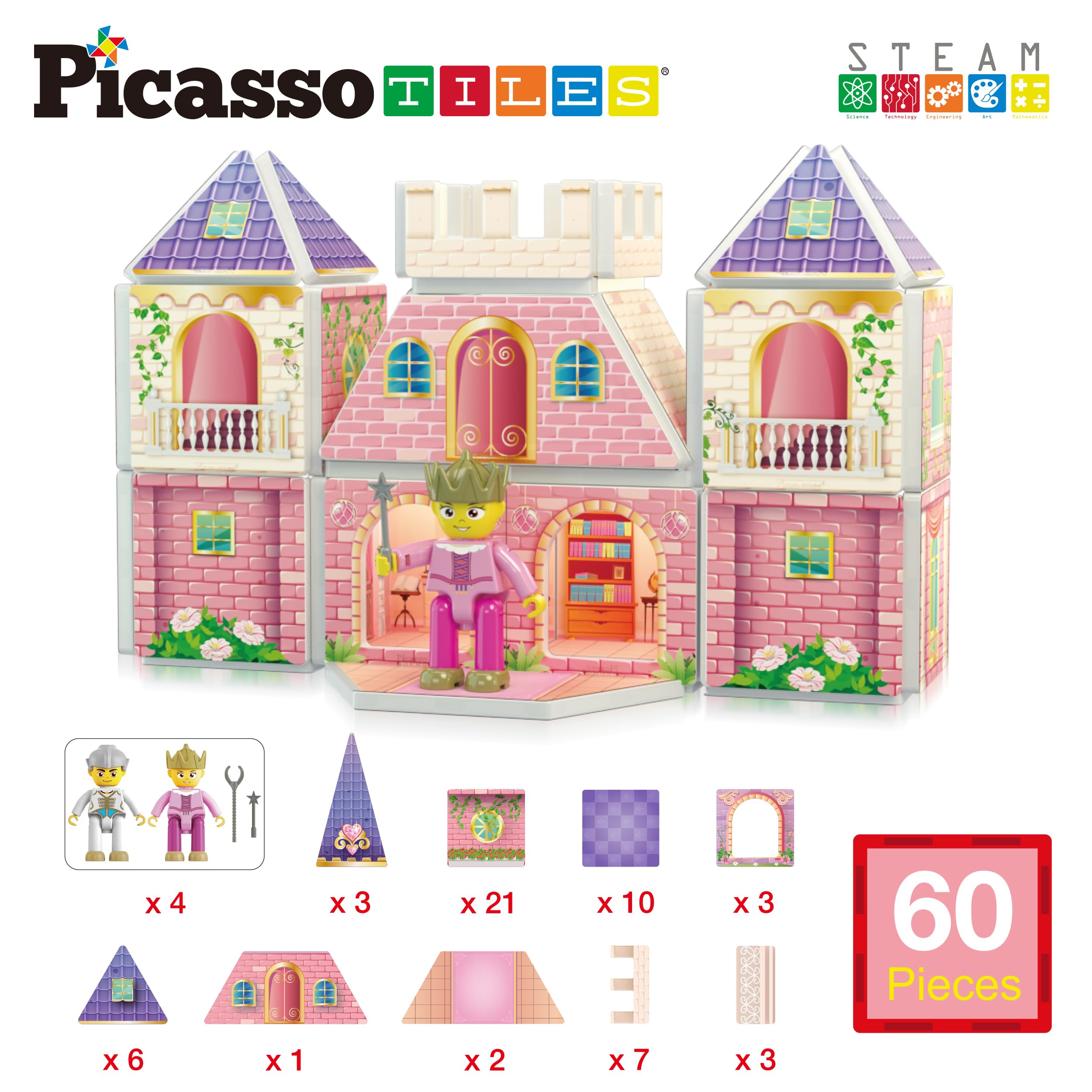 PicassoTiles Magnetic Building Blocks - Princess Castle Theme with 2 Action Figures, Double-Sided STEM Learning Toy for Kids Ages 3+ | Creative Construction, Fantasy Play & Educational Development (PTQ04) - Perfect for Birthday Gifts, Classroom Activities & Imaginative Playtime