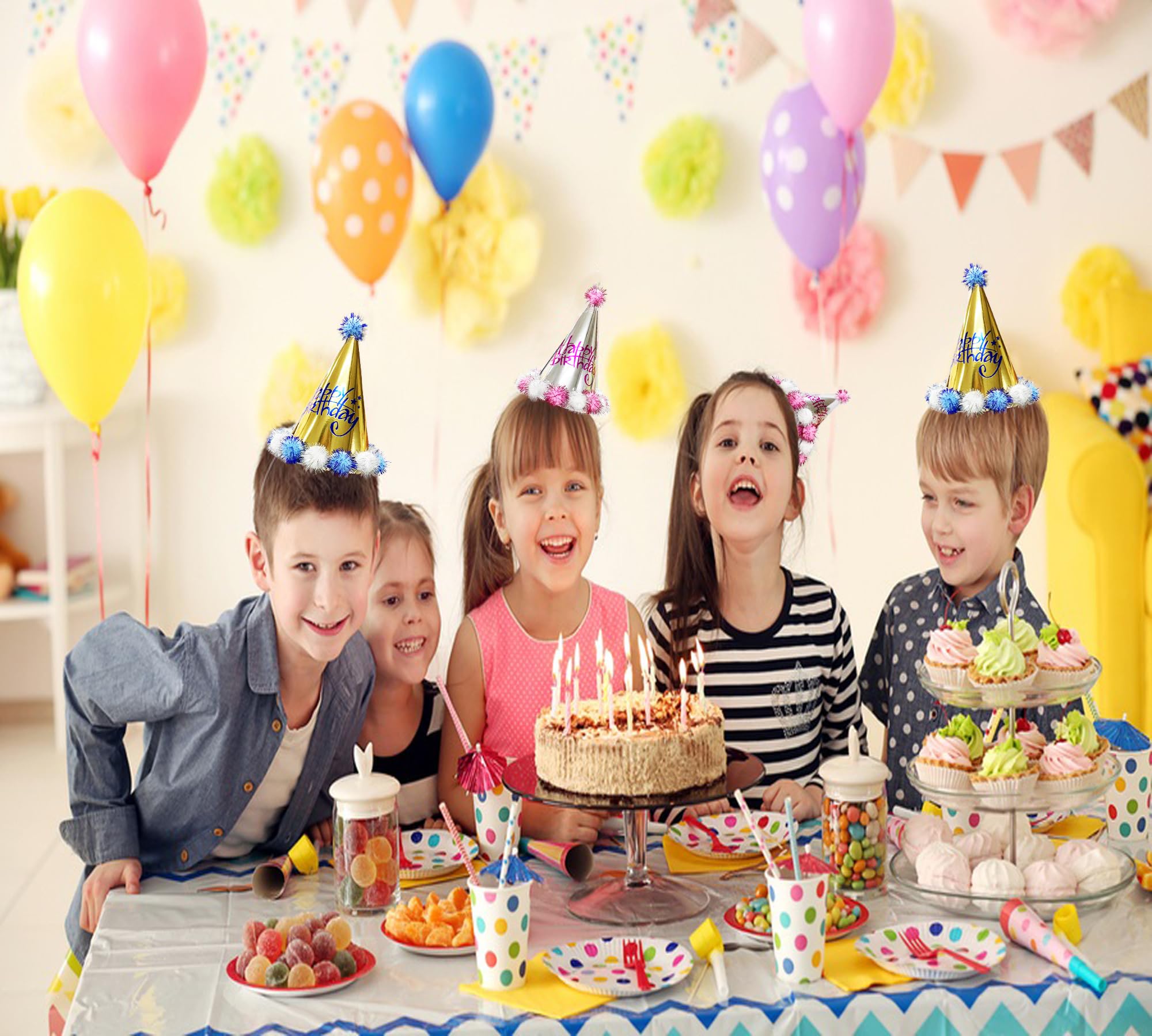 TSJ 10 Pack Soft Plush Birthday Party Hats for Kids & Adults - Colorful Paper Cone Hats for Birthday Celebrations, Festive Events & Photo Booths