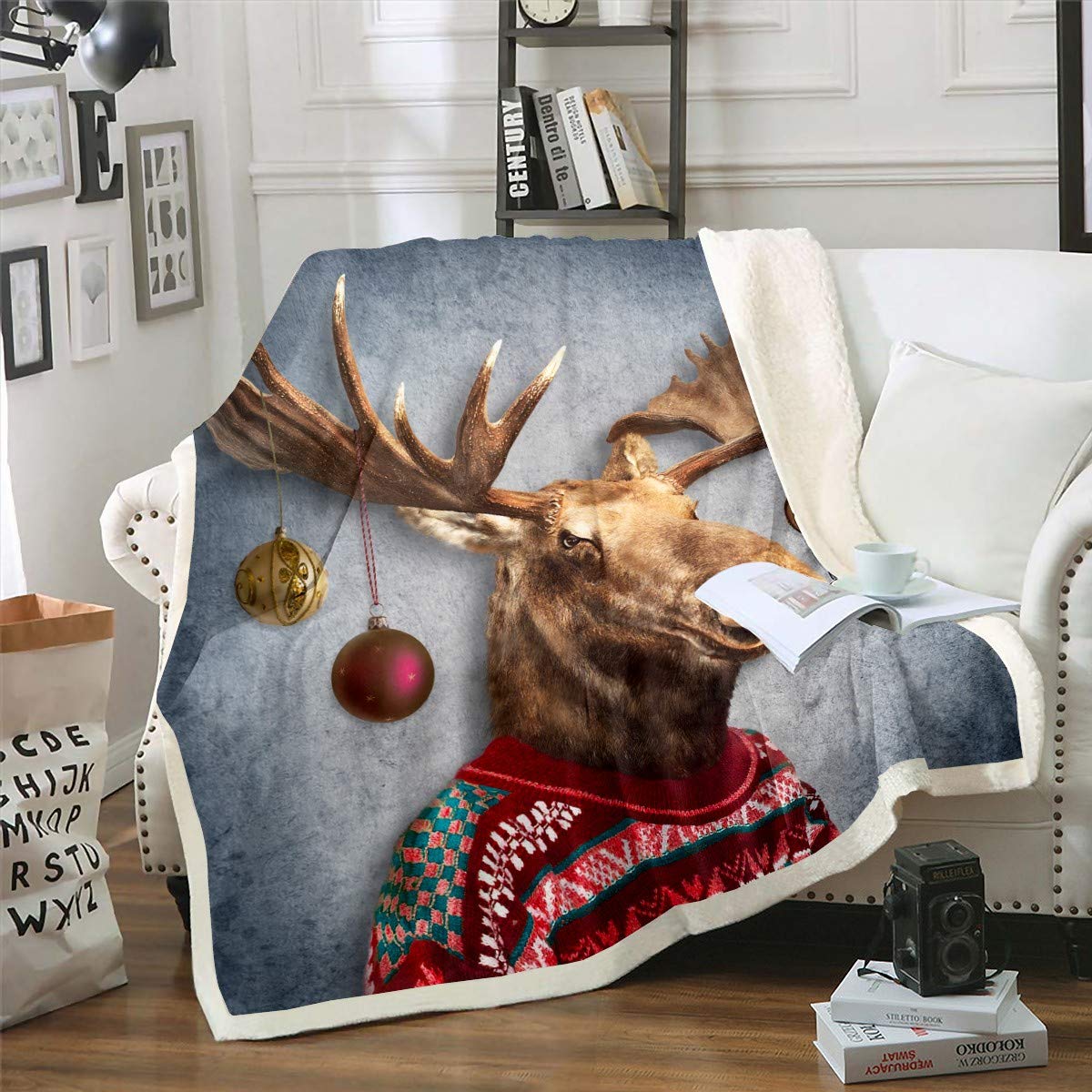 Reindeer Elk Christmas Sherpa Throw Blanket - 30