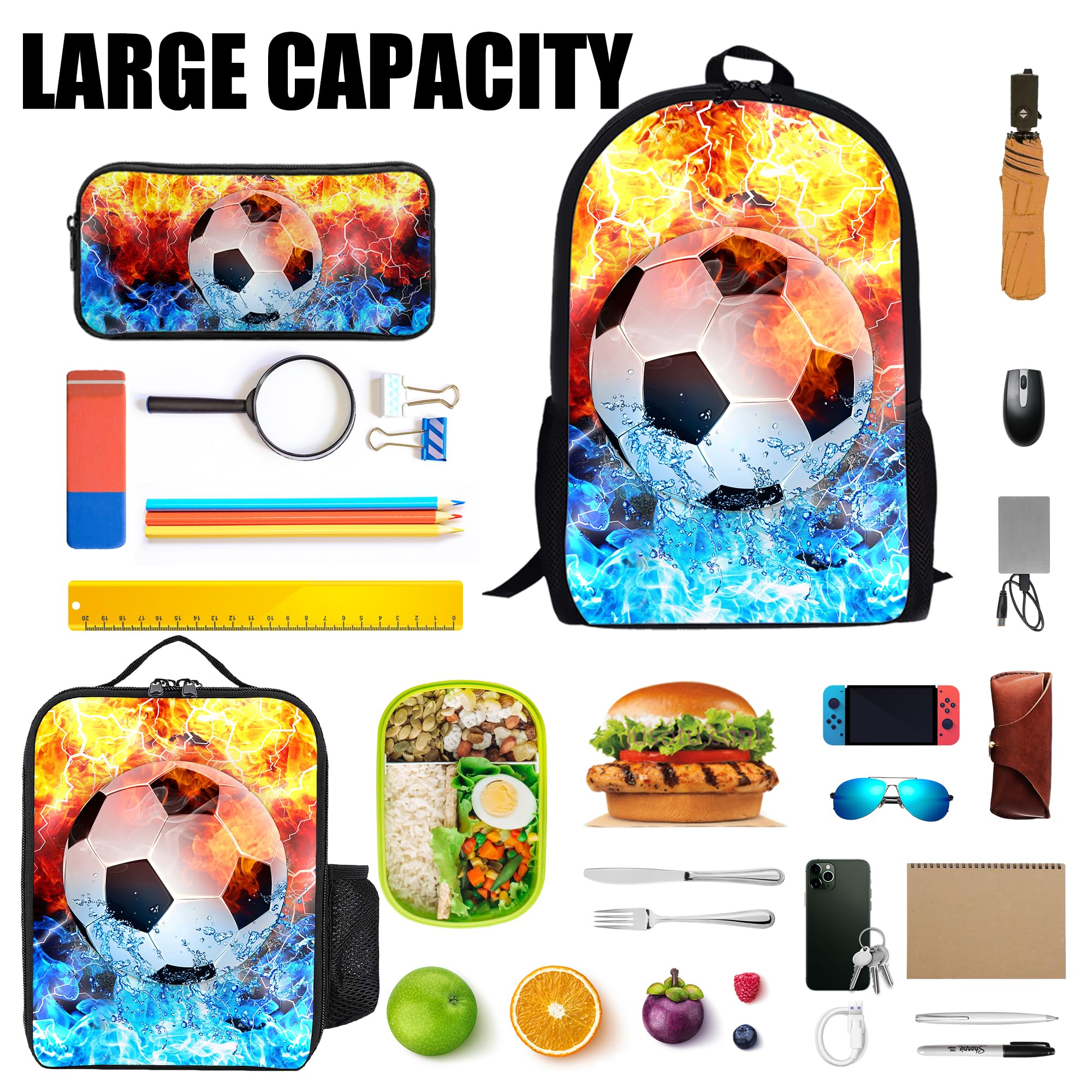 Kids Backpack Set with Lunch Box & Pencil Case - 3PCS School Backpack for Boys & Girls, Teen Bookbag for Middle & High School Students | Perfect for School, Travel & Sports (Soccer Fire Design)