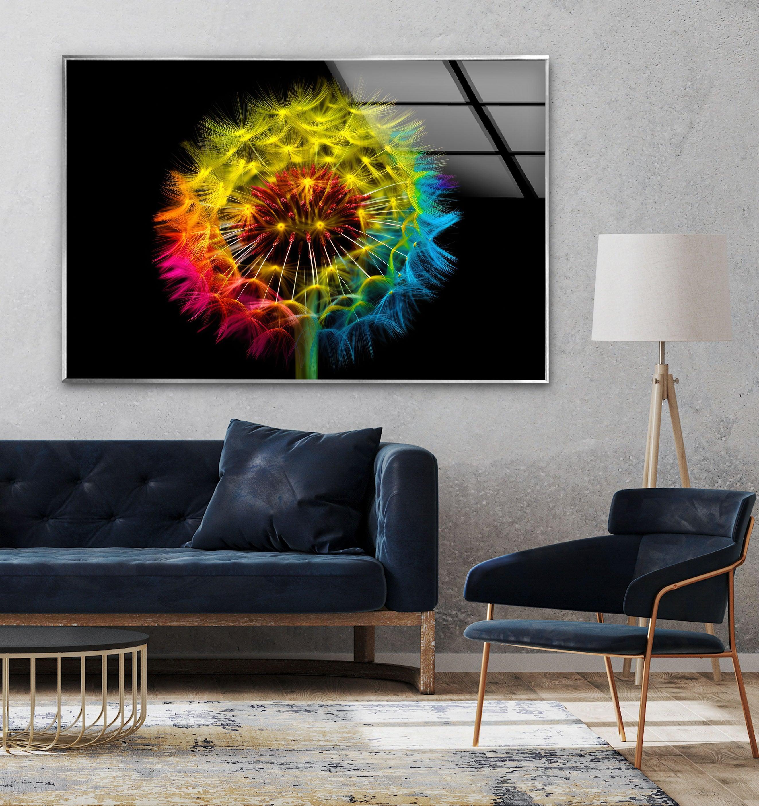 Vibrant Dandelion Glass Wall Art Decor - Handmade Floral Mosaic Stained Glass Window Hanging for Living Room, Bedroom, Office & Gift Giving