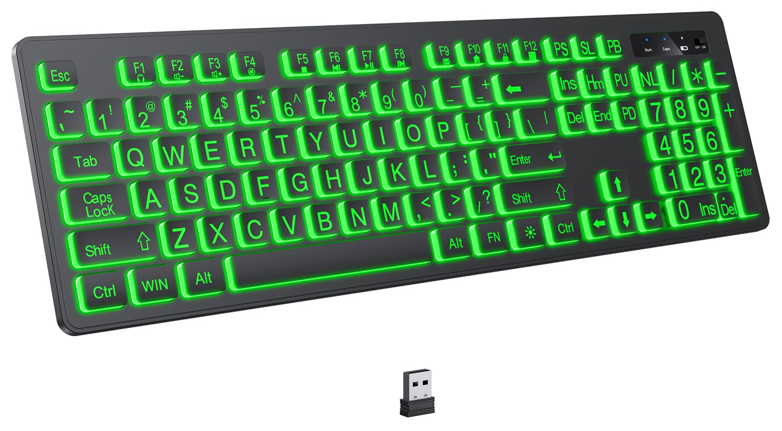 Large Print Backlit Wireless Keyboard - 2.4G Silent Rechargeable Keyboard with 7-Color LED Backlight for Windows PC/Laptop - Ideal for Low Vision Users, Night Typing & Gaming